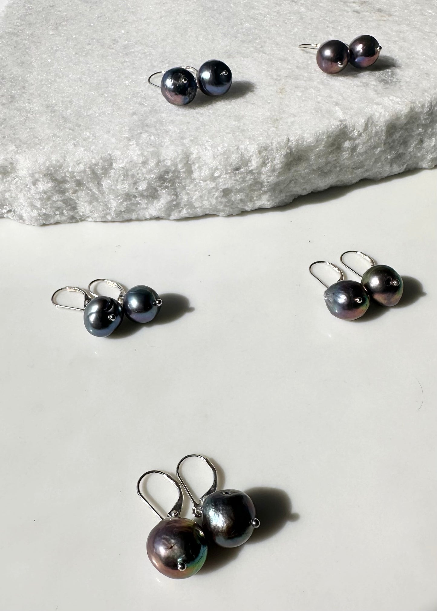 Five Pairs of Black Freshwater Pearl Earrings with Sterling Silver Leverback