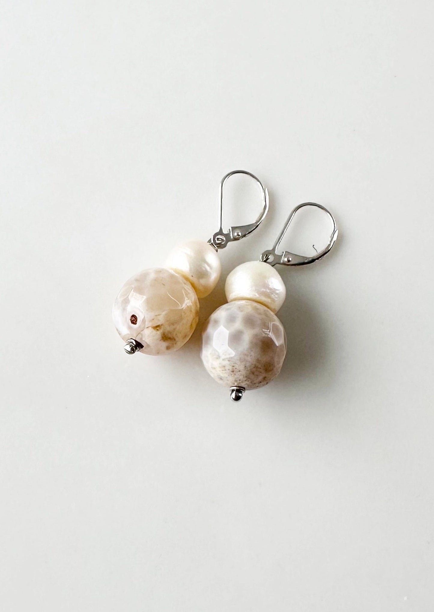 White Freshwater Pearl with Beige  Agate Earring on Sterling Silver Leverback