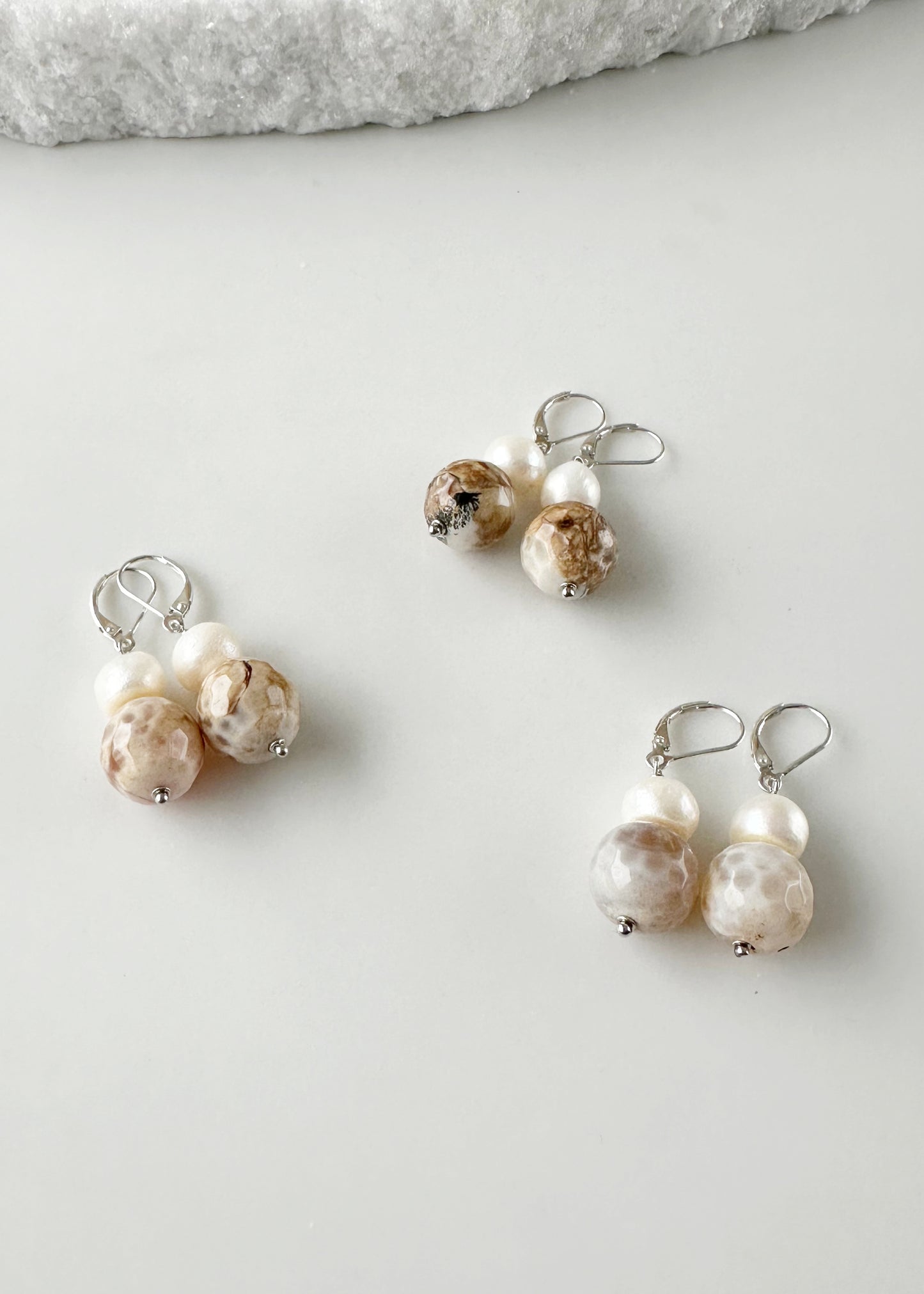White Freshwater Pearl with Beige Agate Earrings (3 Pairs) on Sterling Silver Leverback