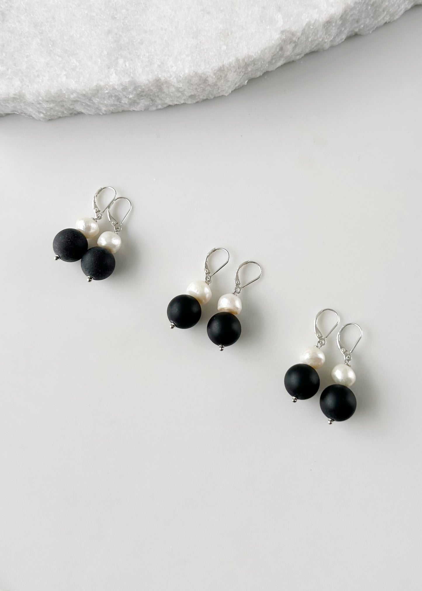 White Freshwater Pearl with Black Agate Earring (3 Pairs) on Sterling Silver Leverback
