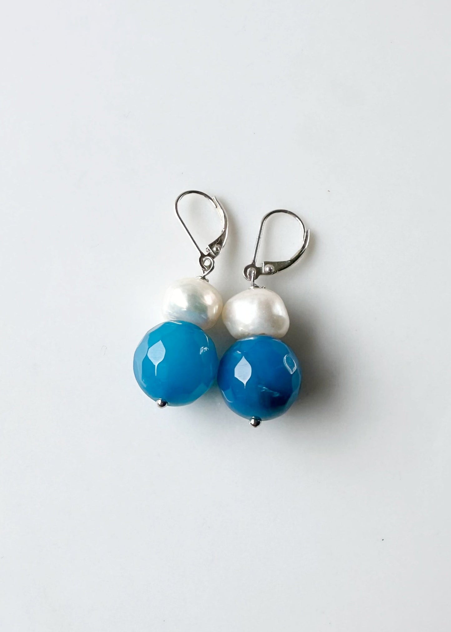White Freshwater Pearl with Blue Agate Earring on Sterling Silver Leverback