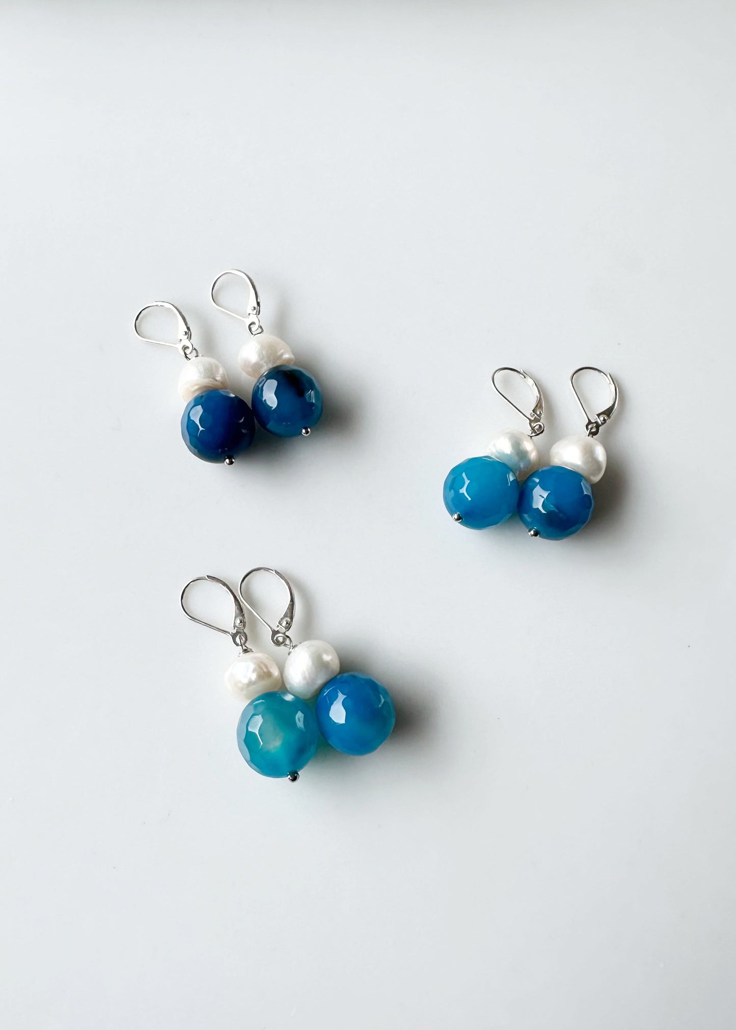White Freshwater Pearl with Blue Agate Earring on Sterling Silver Leverback