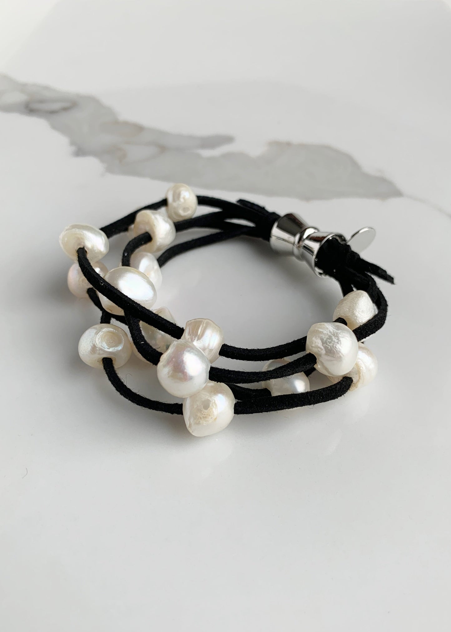 White Freshwater Pearl Bracelet on Black Vegan Suede with Strong. Secure Magnetic Clasp for Easy Wear