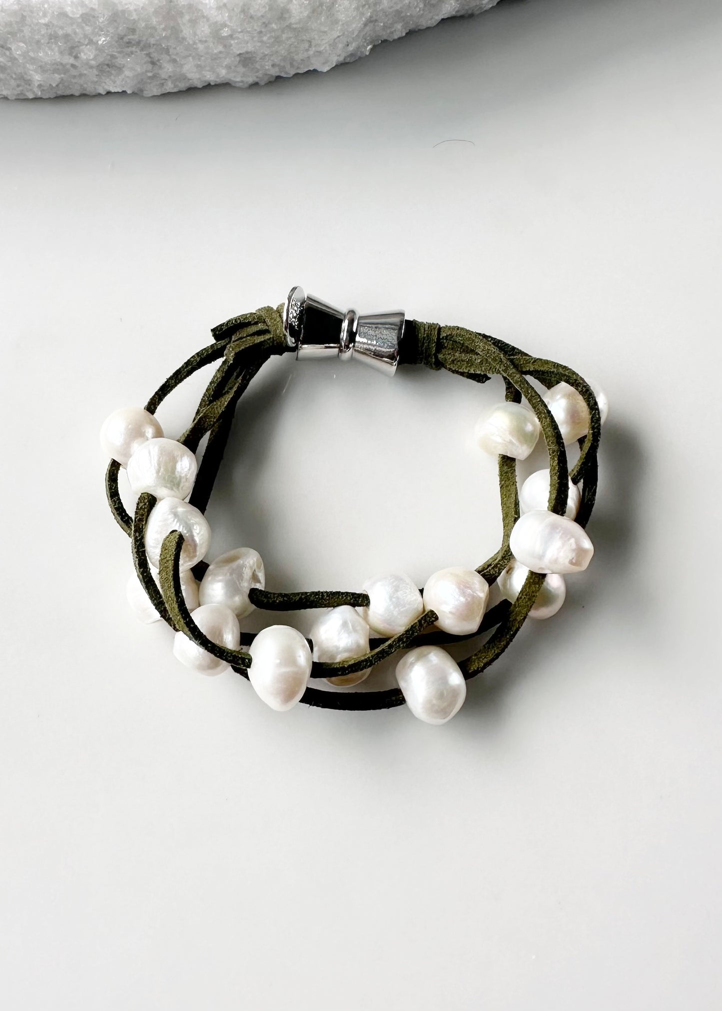 White Freshwater Pearl Bracelet on Green Vegan Suede with Strong. Secure Magnetic Clasp for Easy Wear