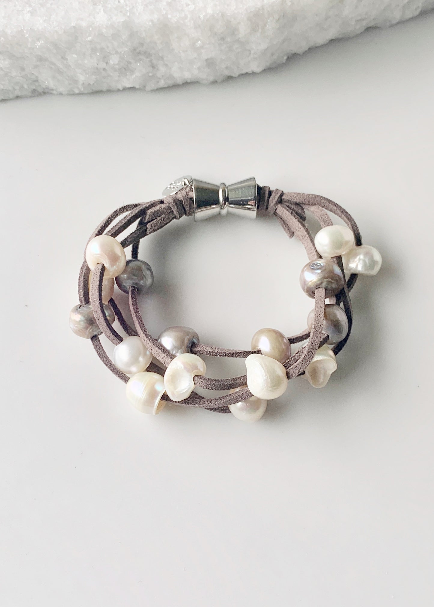 White and Silver Freshwater Pearl Bracelet on Grey Vegan Suede with Strong. Secure Magnetic Clasp for Easy Wear
