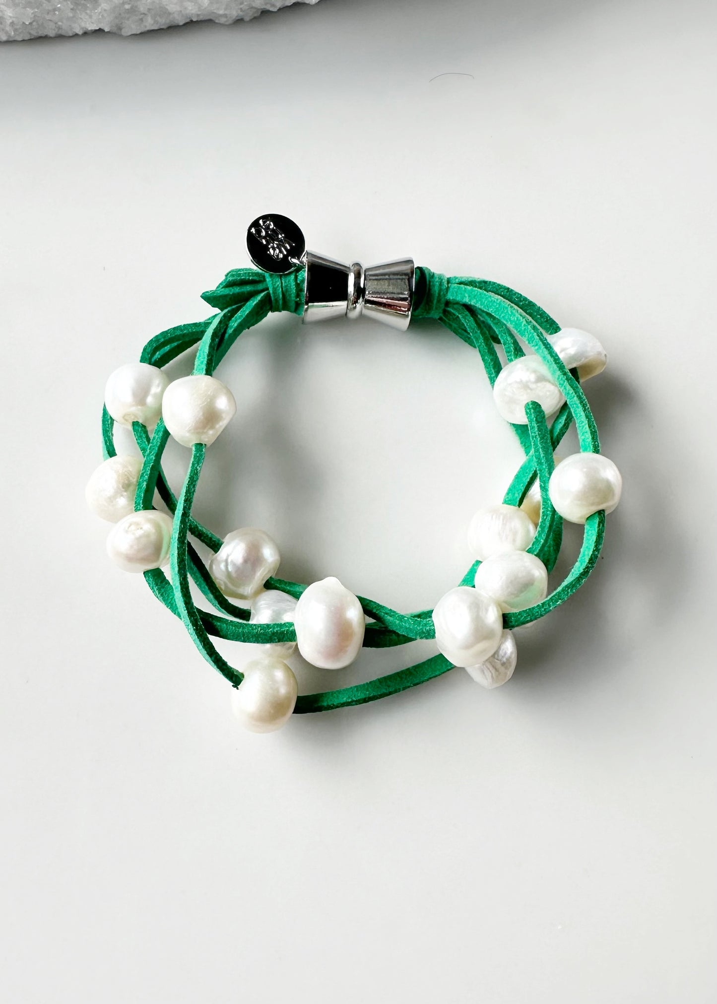White Freshwater Pearl Bracelet on Kelly Green Vegan Suede with Strong. Secure Magnetic Clasp for Easy Wear