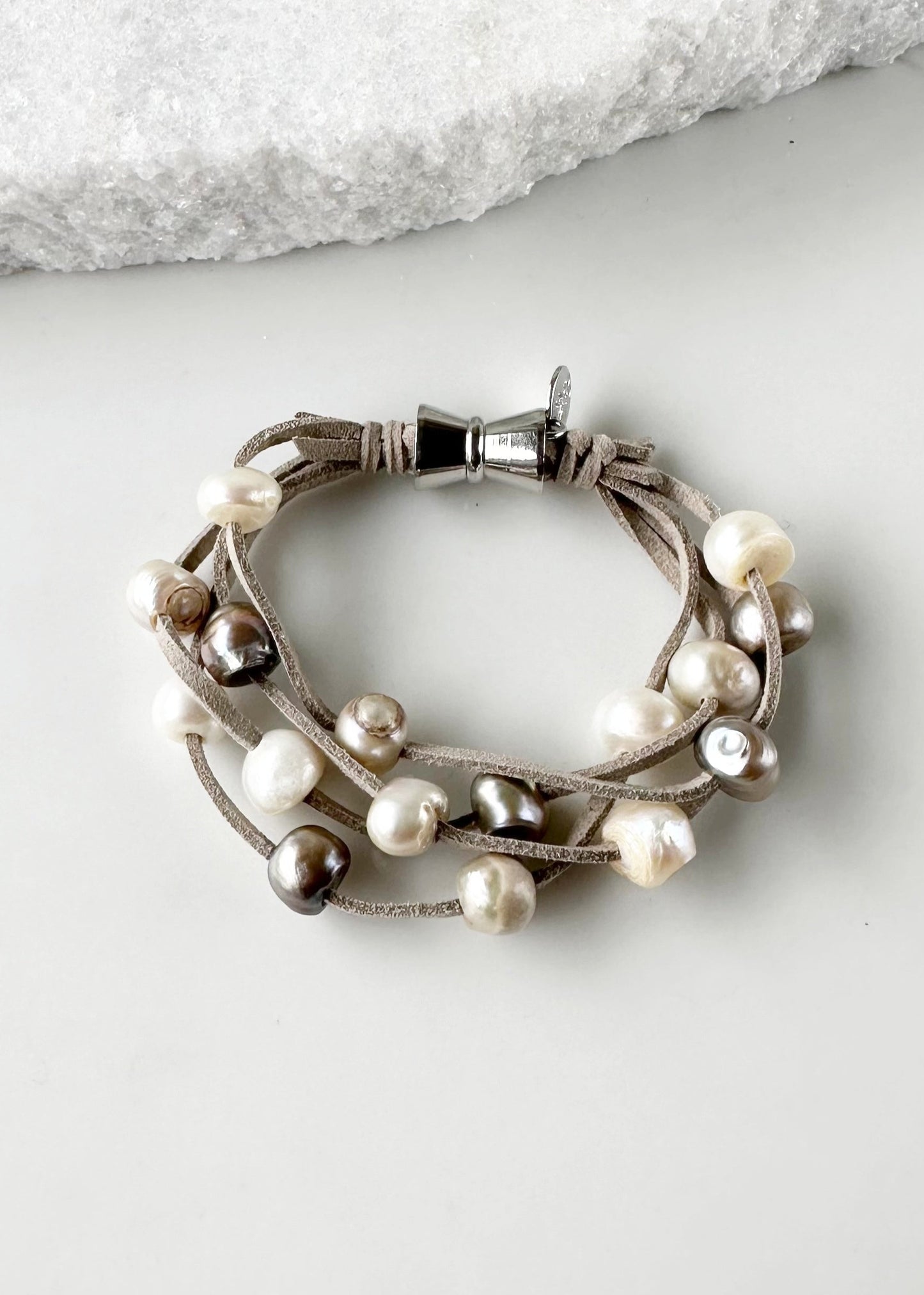 Mix of Freshwater Pearls on Light Grey Vegan Suede Bracelet with Strong Secure Magnetic Clasp for Easy Wear