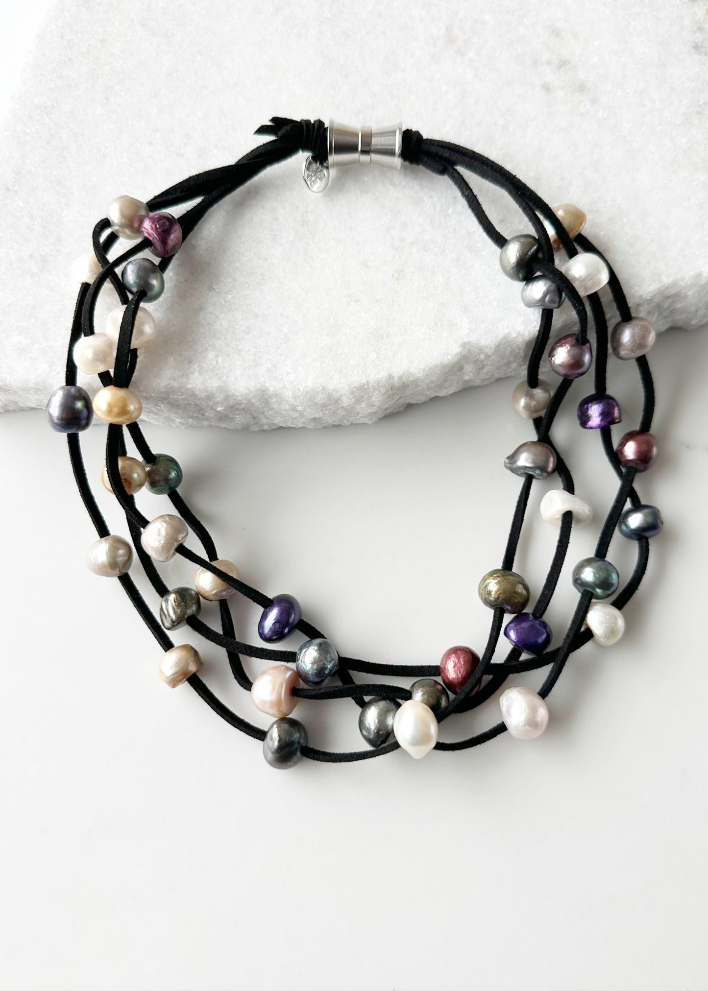 Four Strands of Multi-Coloured Freshwater Pearls on Black Vegan Suede with Secure, Strong Magnet for Easy Wear