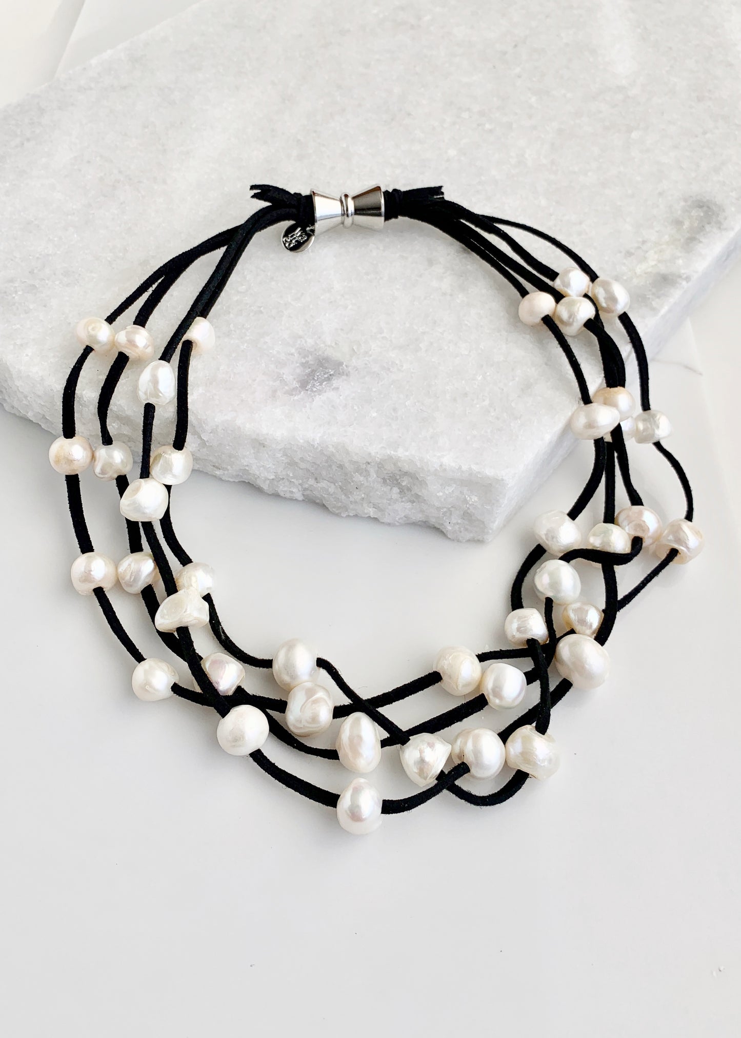 Four Strands of White Freshwater Pearls on Black Vegan Suede with Secure, Strong Magnet for Easy Wear