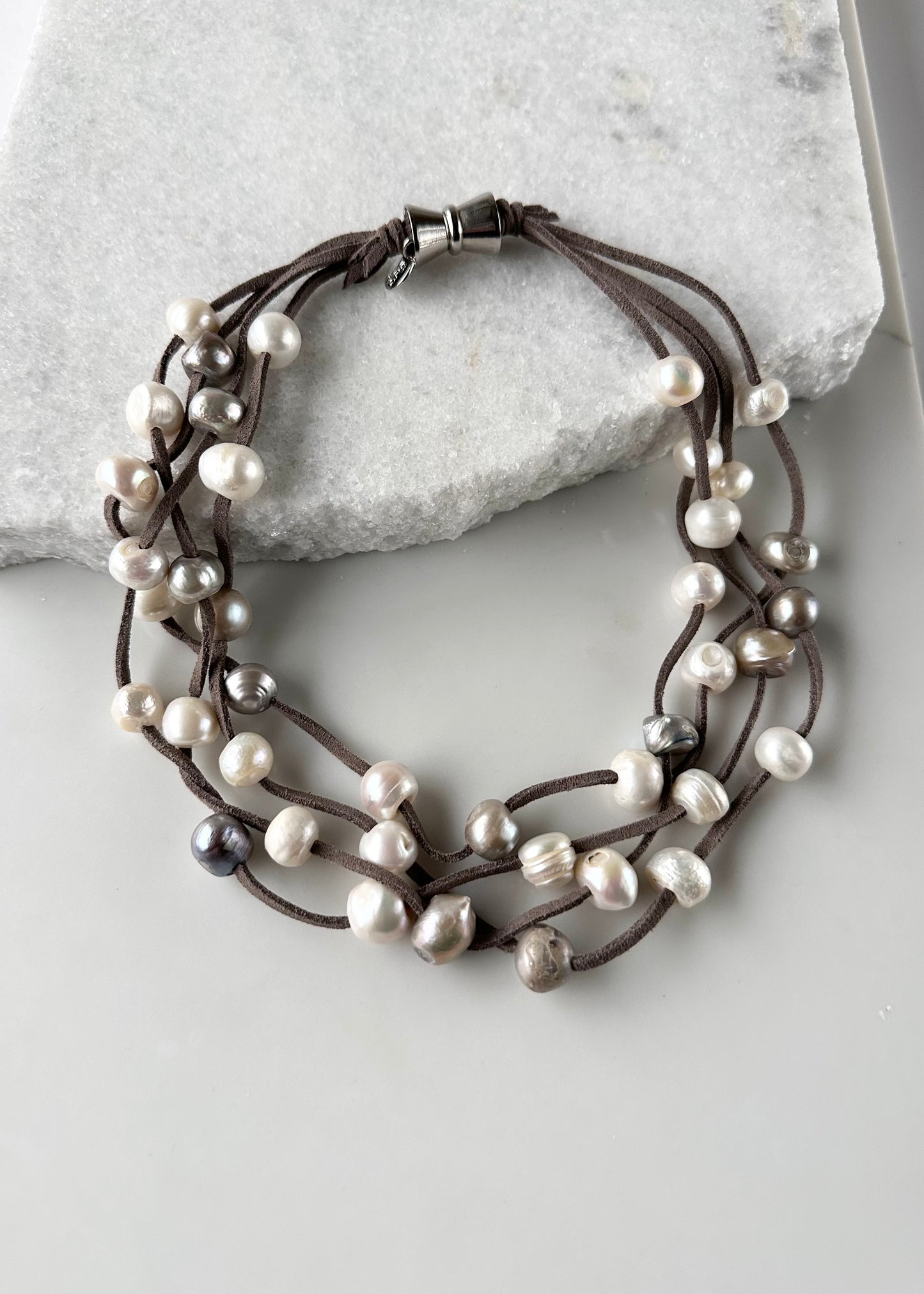 Four Strands of White Freshwater Pearls on Dark Grey Vegan Suede with Secure, Strong Magnet for Easy Wear