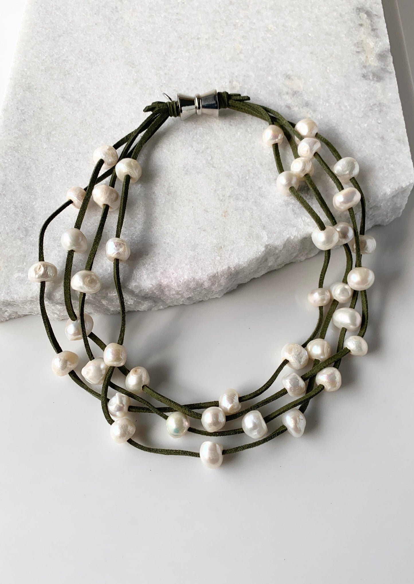 Four Strands of White Freshwater Pearls on Green Vegan Suede with Secure, Strong Magnet for Easy Wear