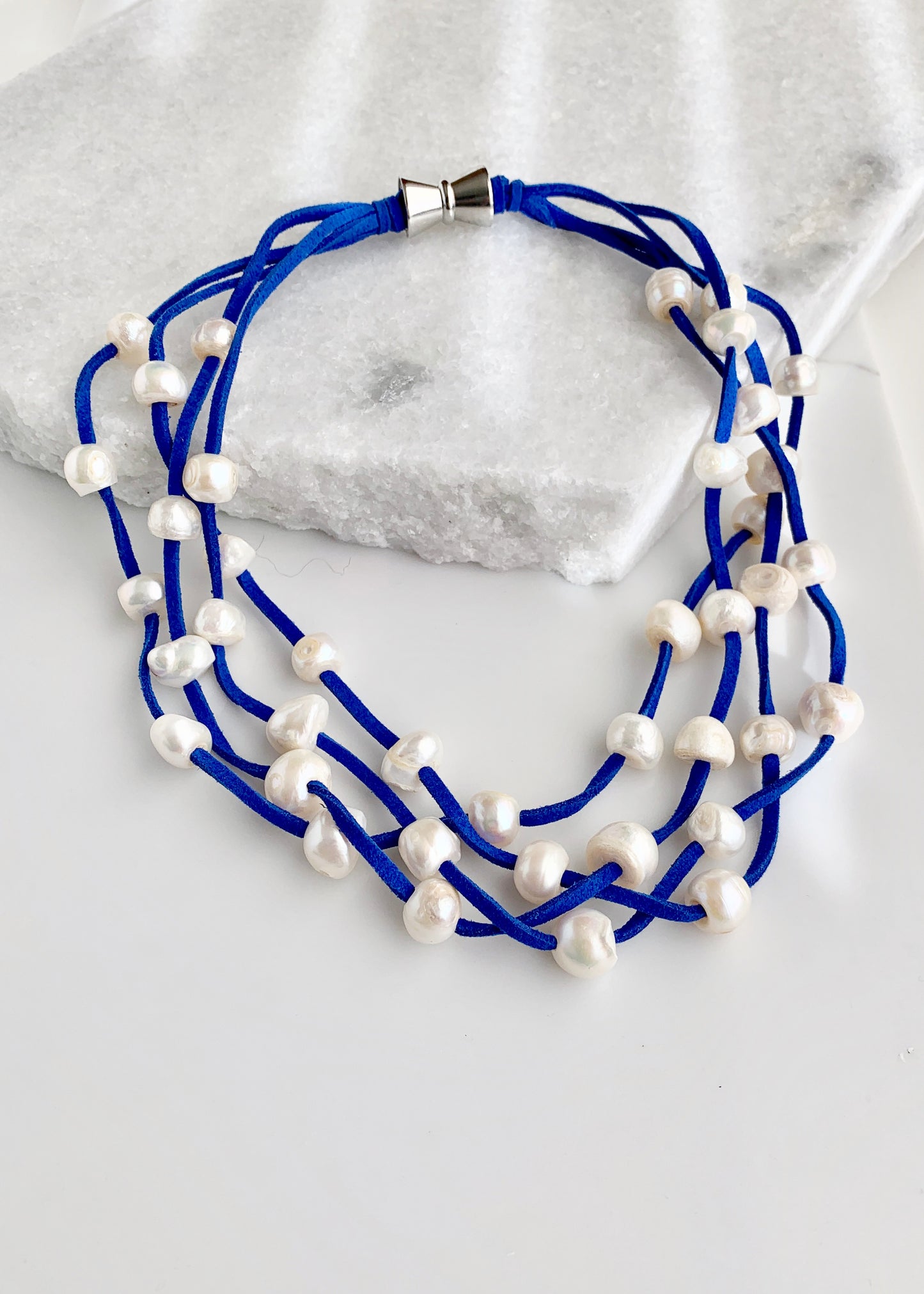 Four Strands of White Freshwater Pearls on Navy Blue Vegan Suede with Secure, Strong Magnet for Easy Wear