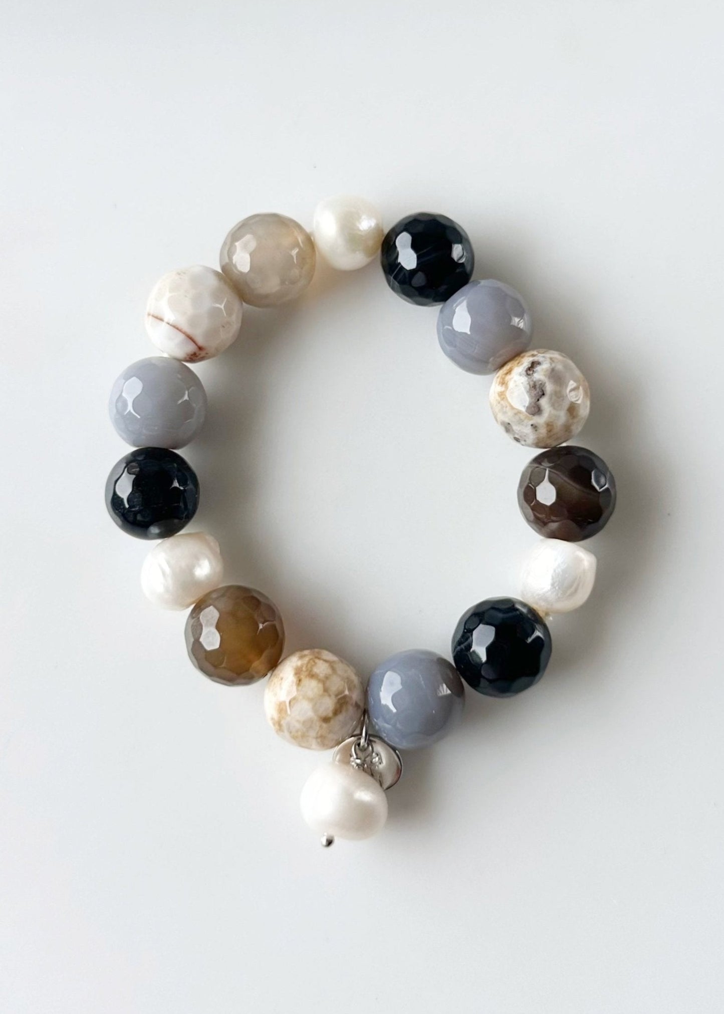 White Freshwater Pearl with Beige Semi-Precious Stone Mix Stretch Bracelet.  Perfect for layering!
