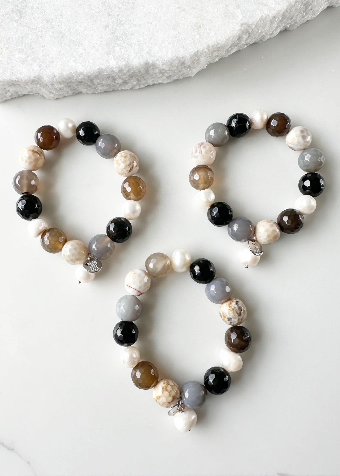 White Freshwater Pearl with Beige Semi-Precious Stone Mix Stretch Bracelet.  Perfect for layering! Three Shown