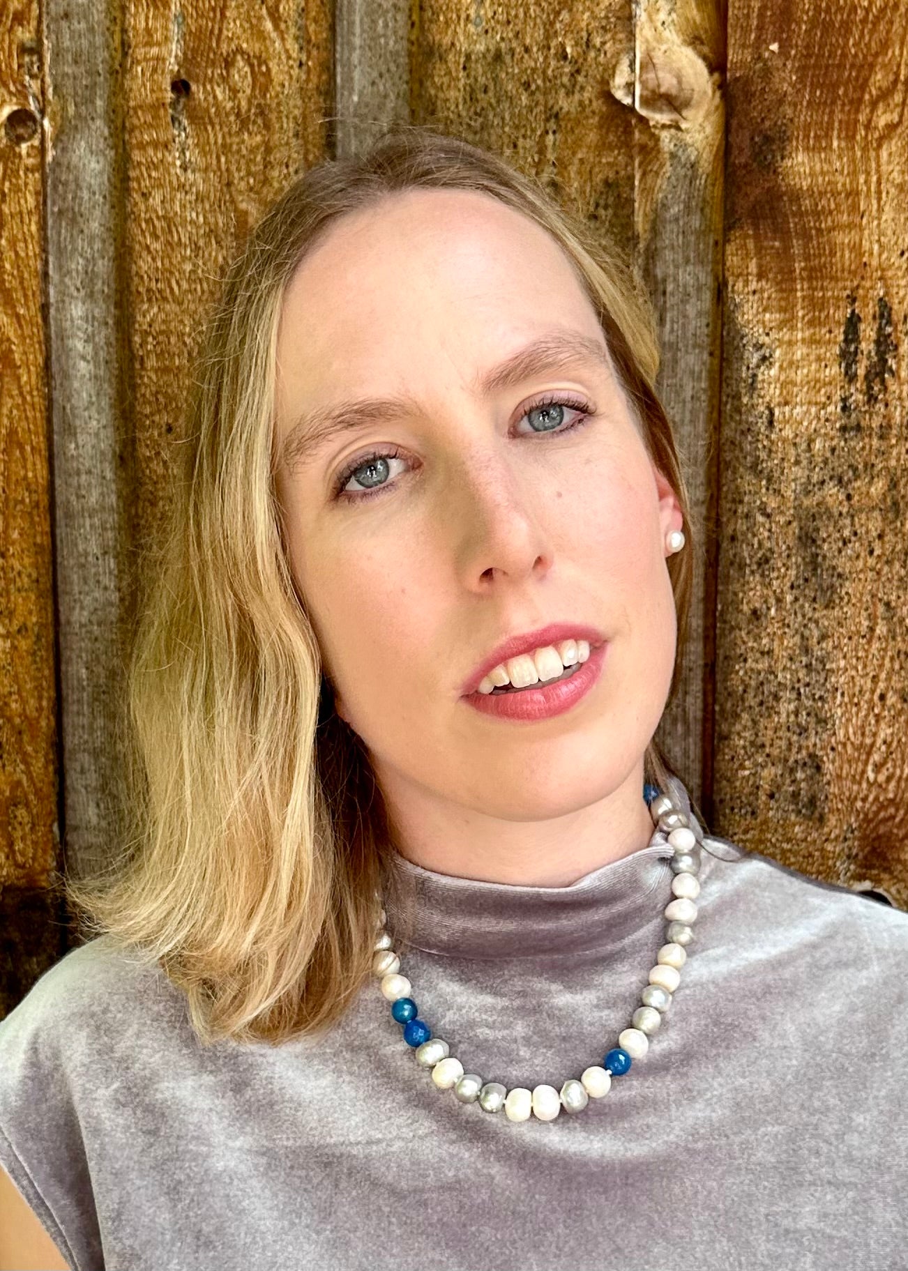 Freshwater Pearls and Semi-Precious Stones Mix Necklace  highlighting Blue on a Strong and Secure Magnetic Clasp for easy Carefree Wear. Shown on Model