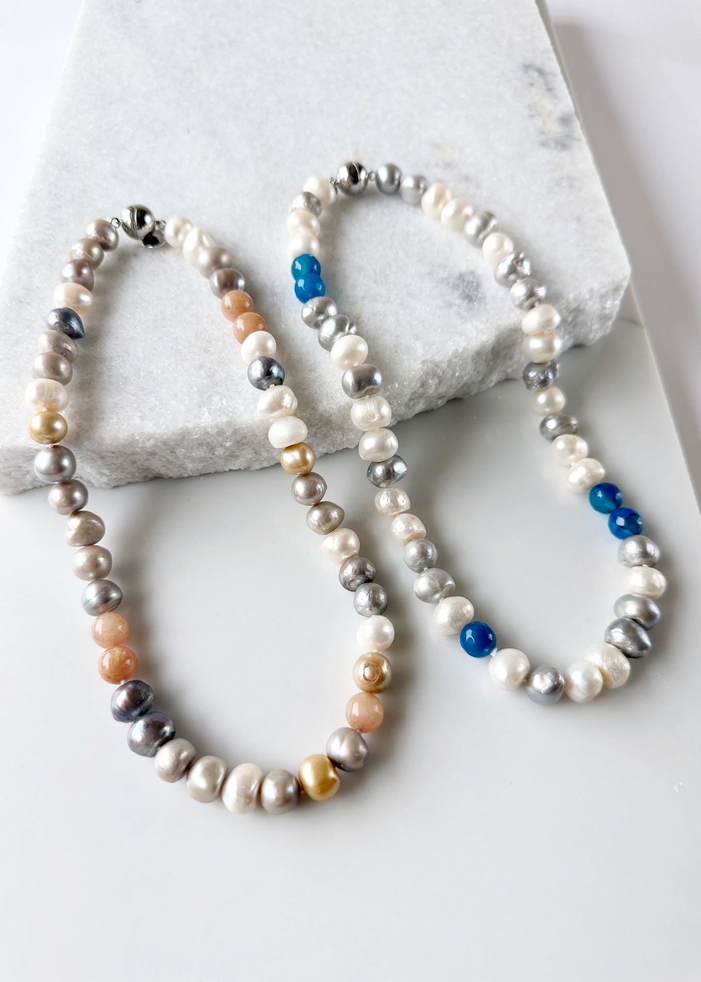 Freshwater Pearls and Semi-Precious Stones Mix Necklace  highlighting Blue or Peach on a Strong and Secure Magnetic Clasp for easy Carefree Wear. Both Styles shown here.