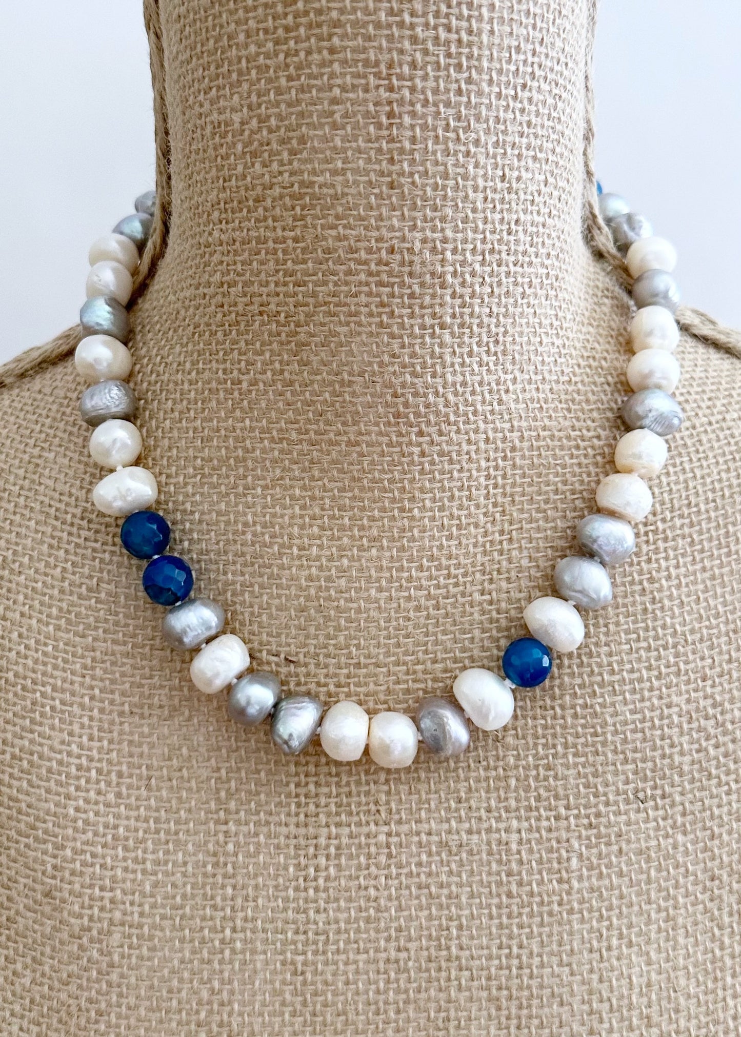 Freshwater Pearls and Semi-Precious Stones Mix Necklace  highlighting Blue on a Strong and Secure Magnetic Clasp for easy Carefree Wear. Shown on Bust
