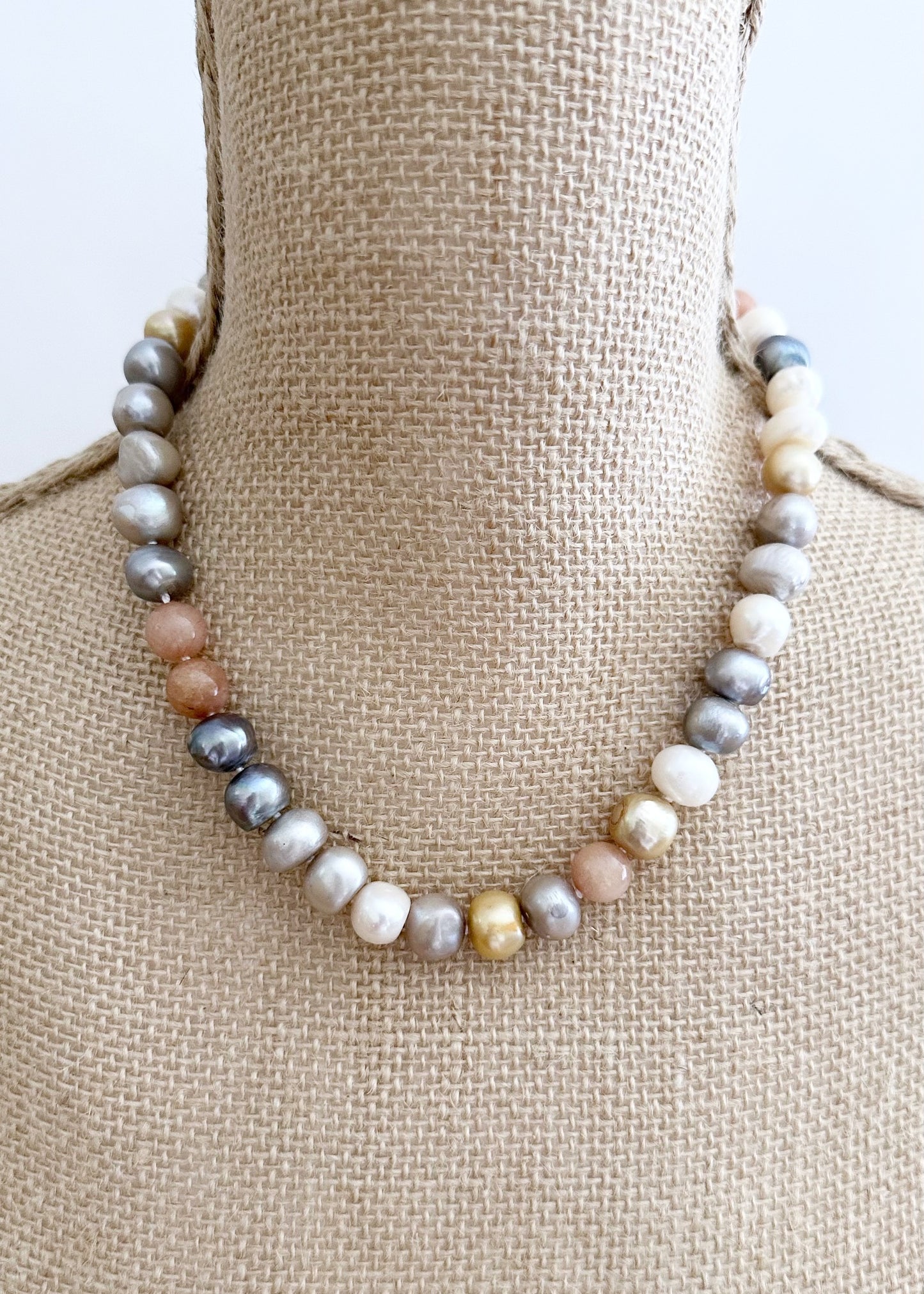 Freshwater Pearls and Semi-Precious Stones Mix Necklace  highlighting Peach on a Strong and Secure Magnetic Clasp for easy Carefree Wear. Shown on Bust