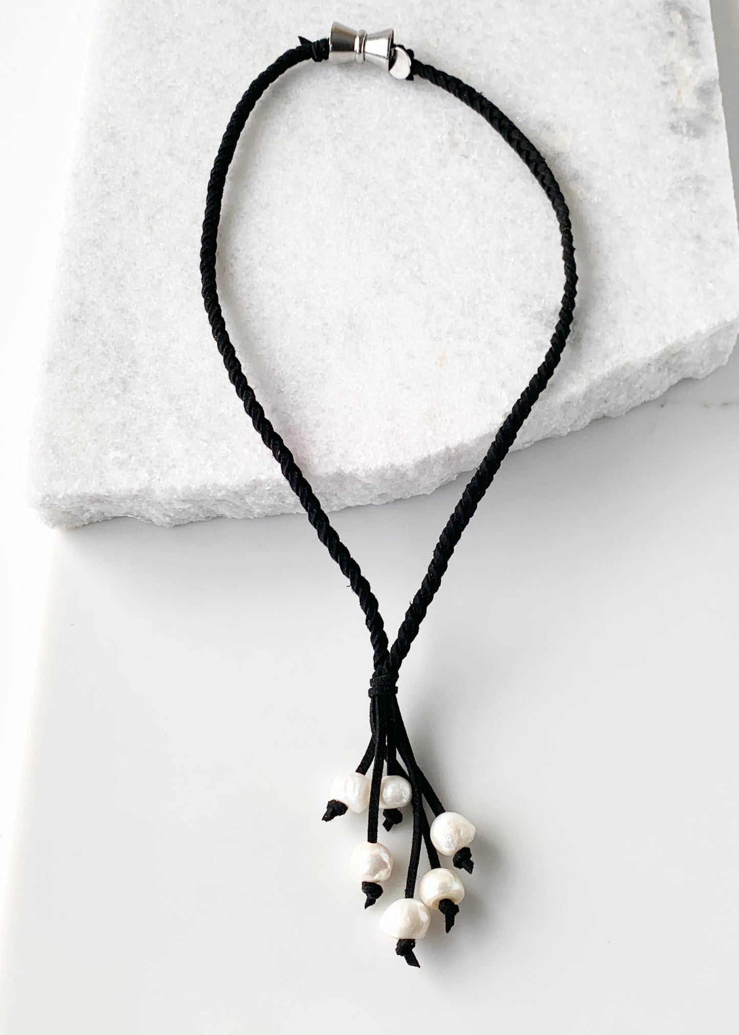 White Freshwater Pearl Necklace on Braided Black Vegan Suede.  Strong Secure Magnetic Clasp for Easy Wear.