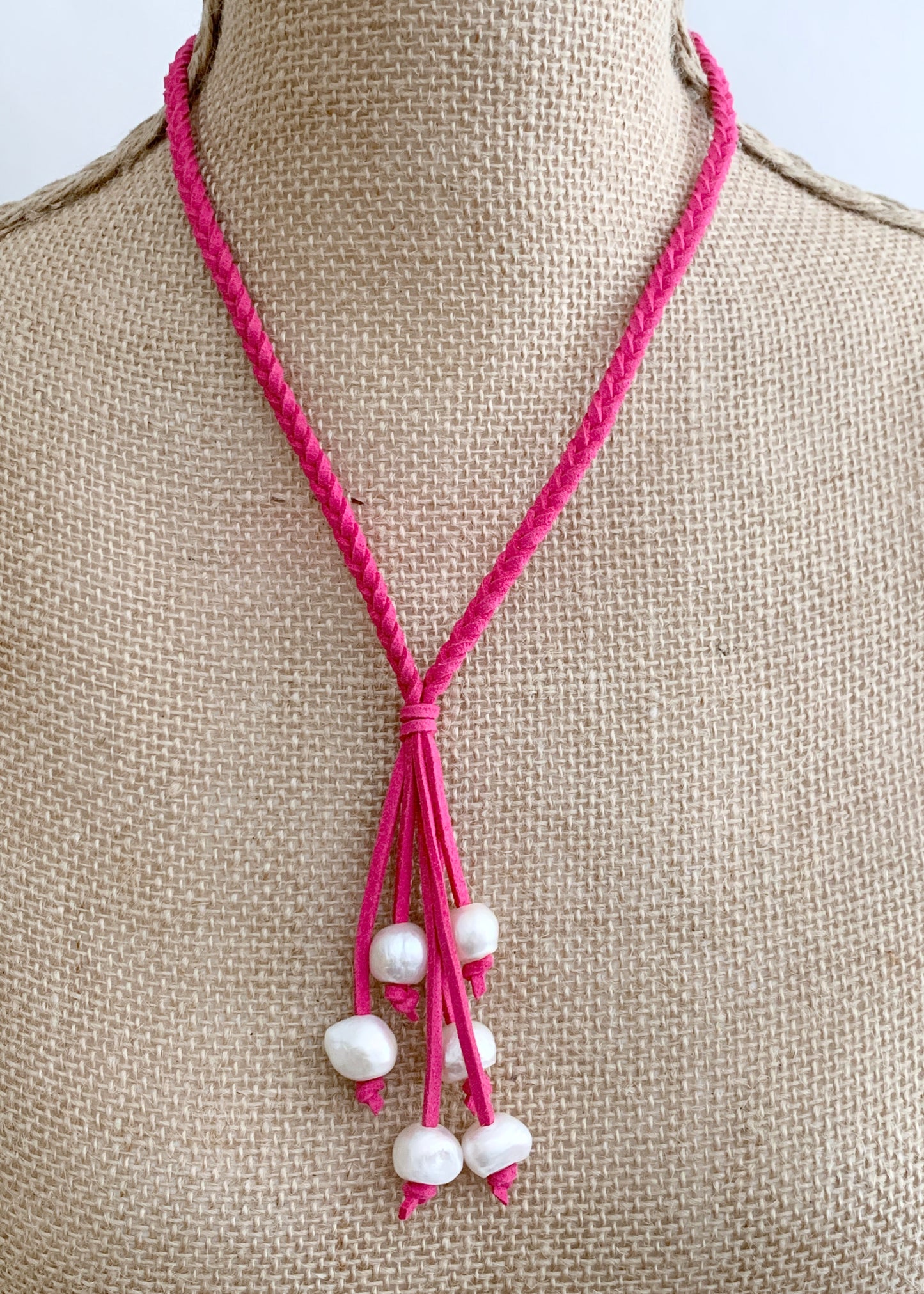 White Freshwater Pearl Necklace on Braided Fuchsia Vegan Suede.  Strong Secure Magnetic Clasp for Easy Wear. Shown on Bust