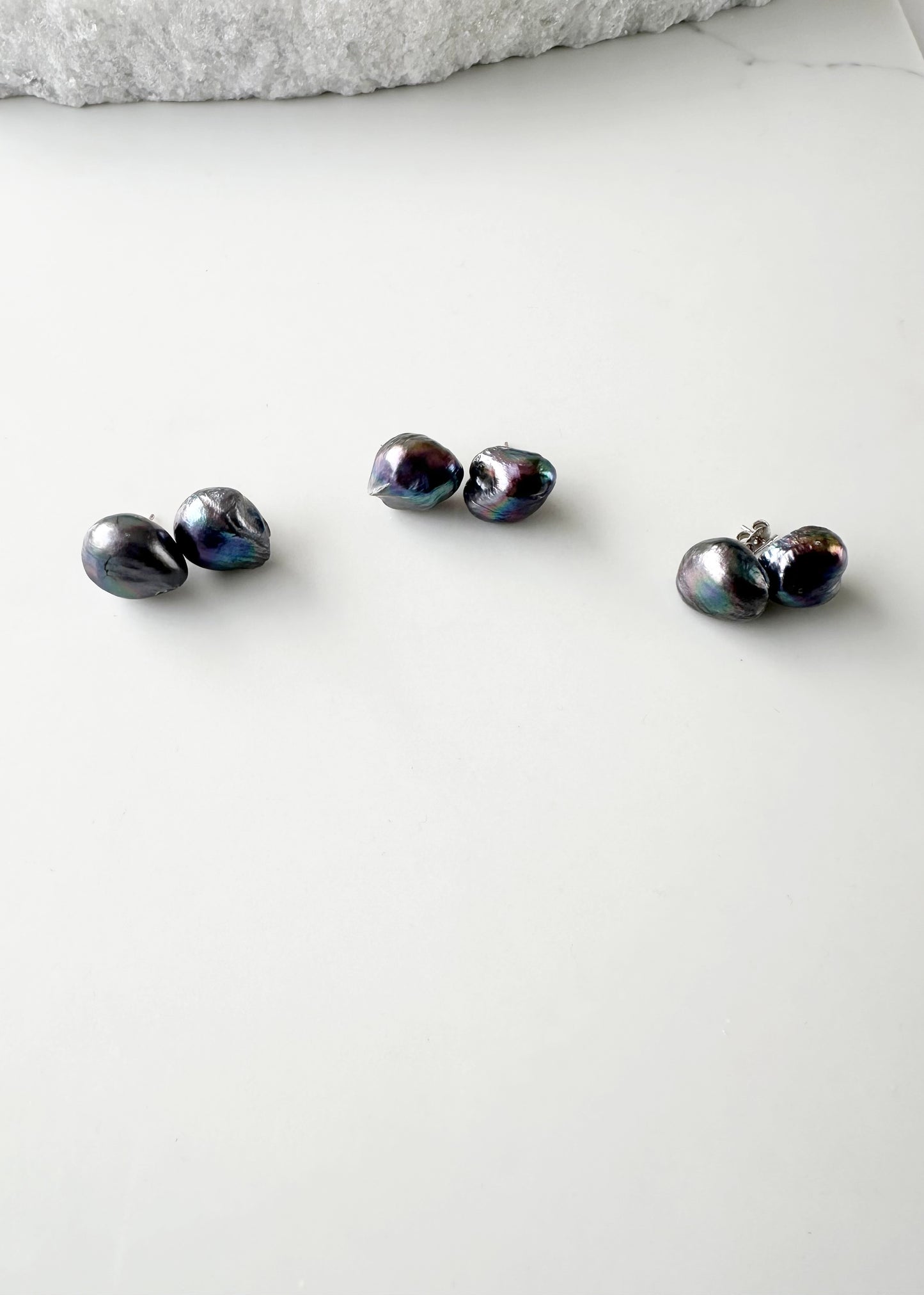 Extra Large Black Baroque Freshwater Pearl Earrings on Sterling Silver Studs.  Three Pairs Shown
