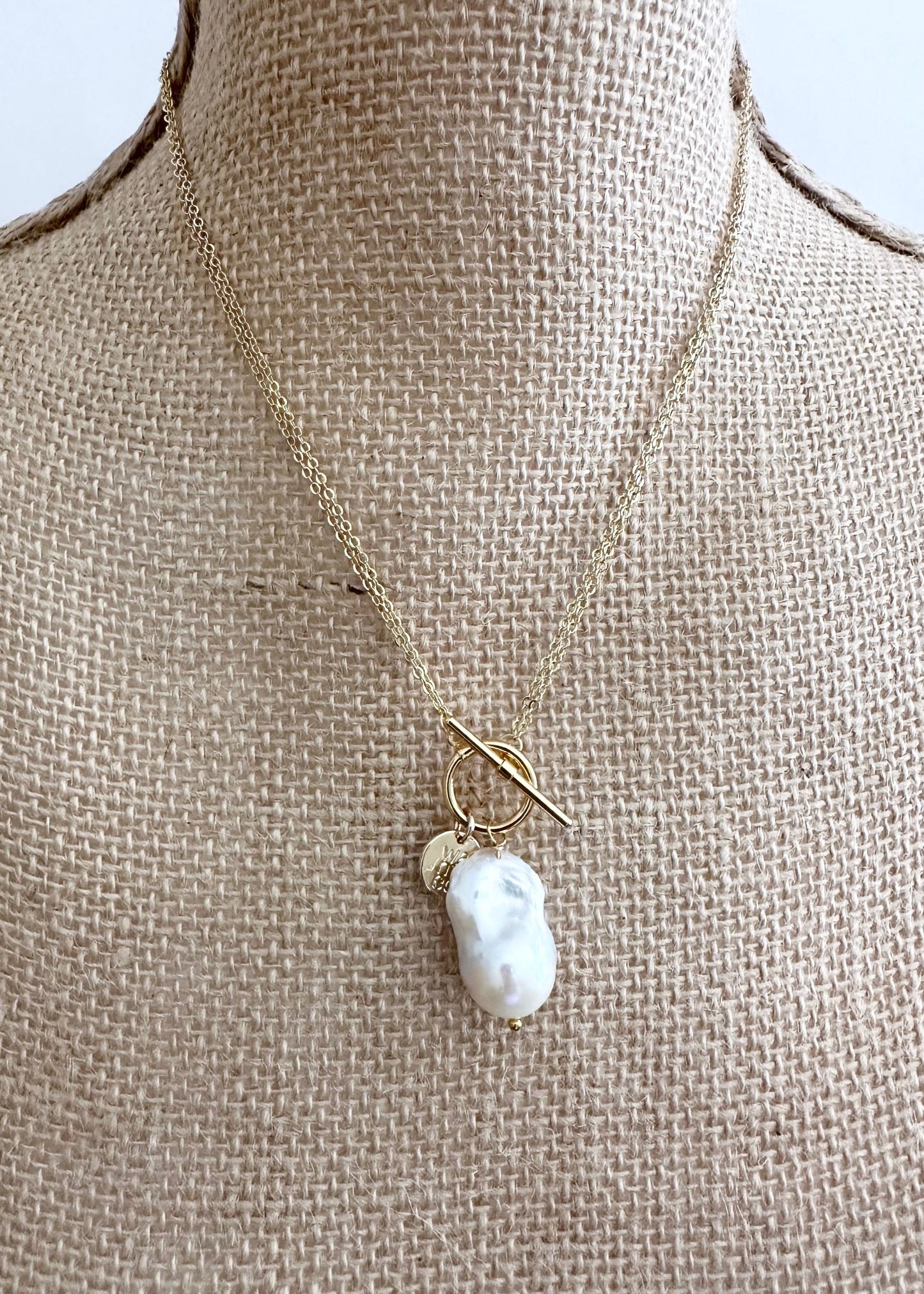 Extra Large White Baroque Freshwater Pearl on Gold-Plated Chain.