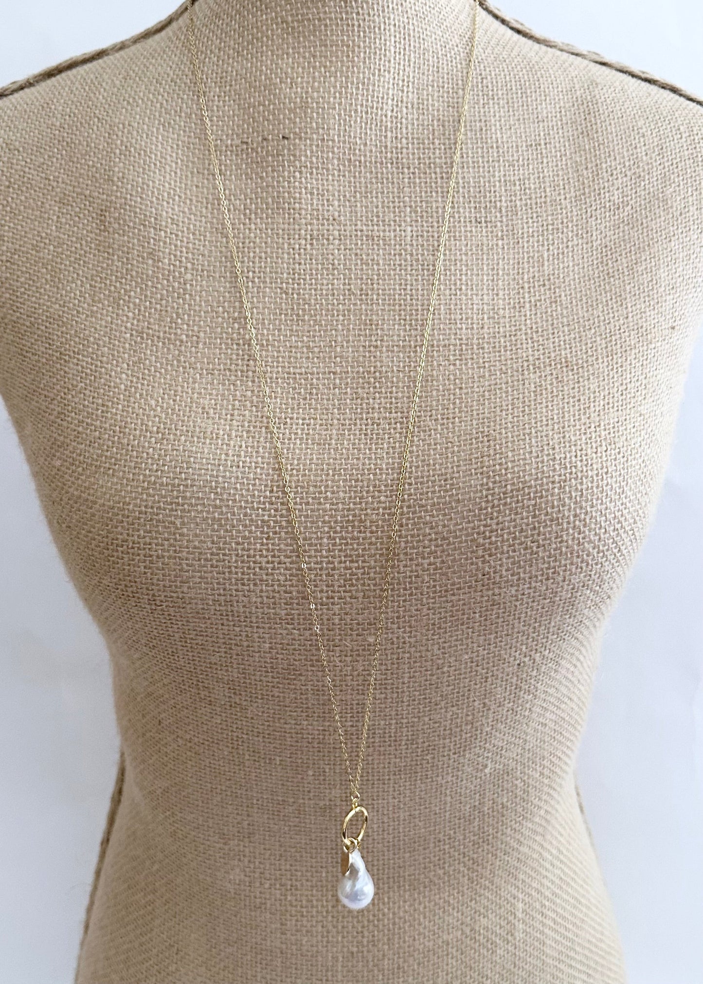 Extra Large White Baroque Freshwater Pearl on Long Gold-Plated Chain.