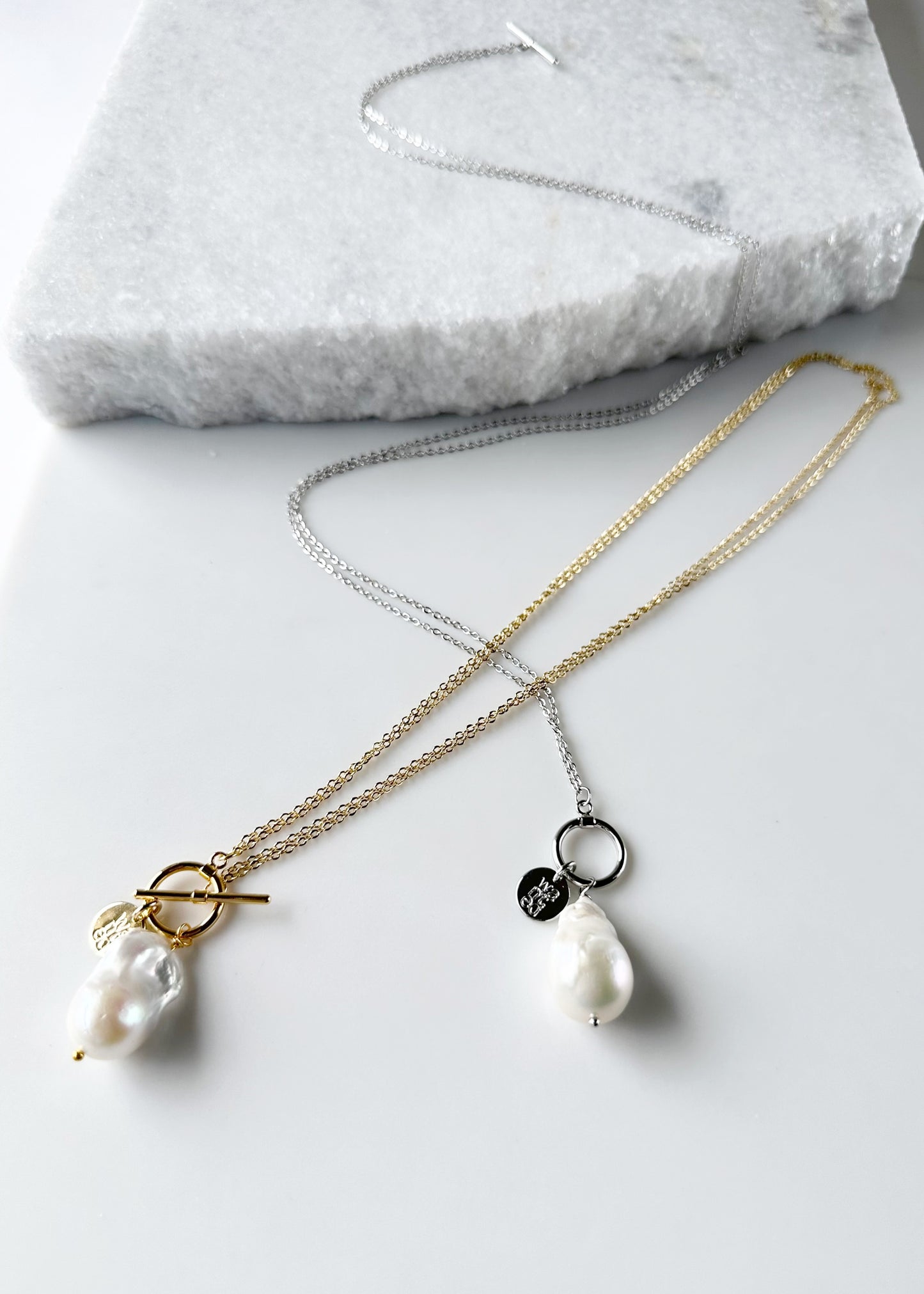 Extra Large White Baroque Freshwater Pearl on White and Yellow Gold-Plated Chains. Two Varieties shown