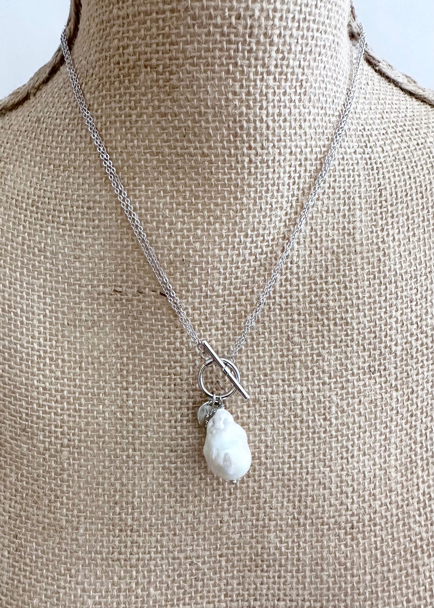 Extra Large White Baroque Freshwater Pearl on White Gold-Plated Chain. On Bust
