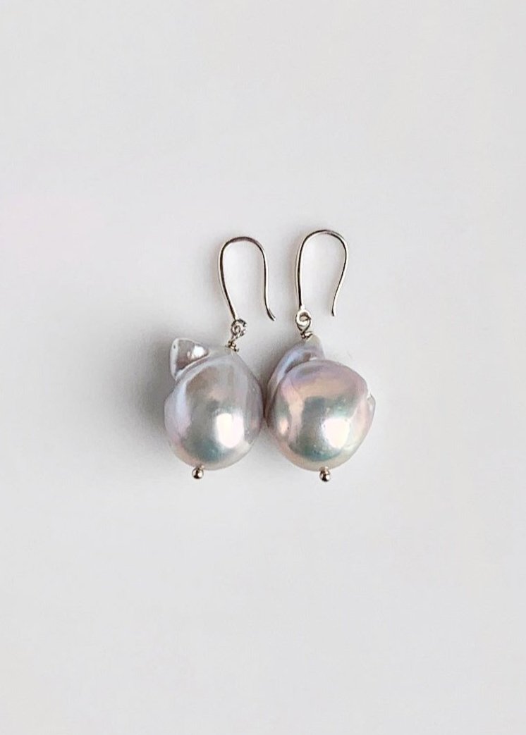 Large Baroque Silver Freshwater Pearl Earrings on White Gold-Plated Wire. Stunning and each on is Unique.