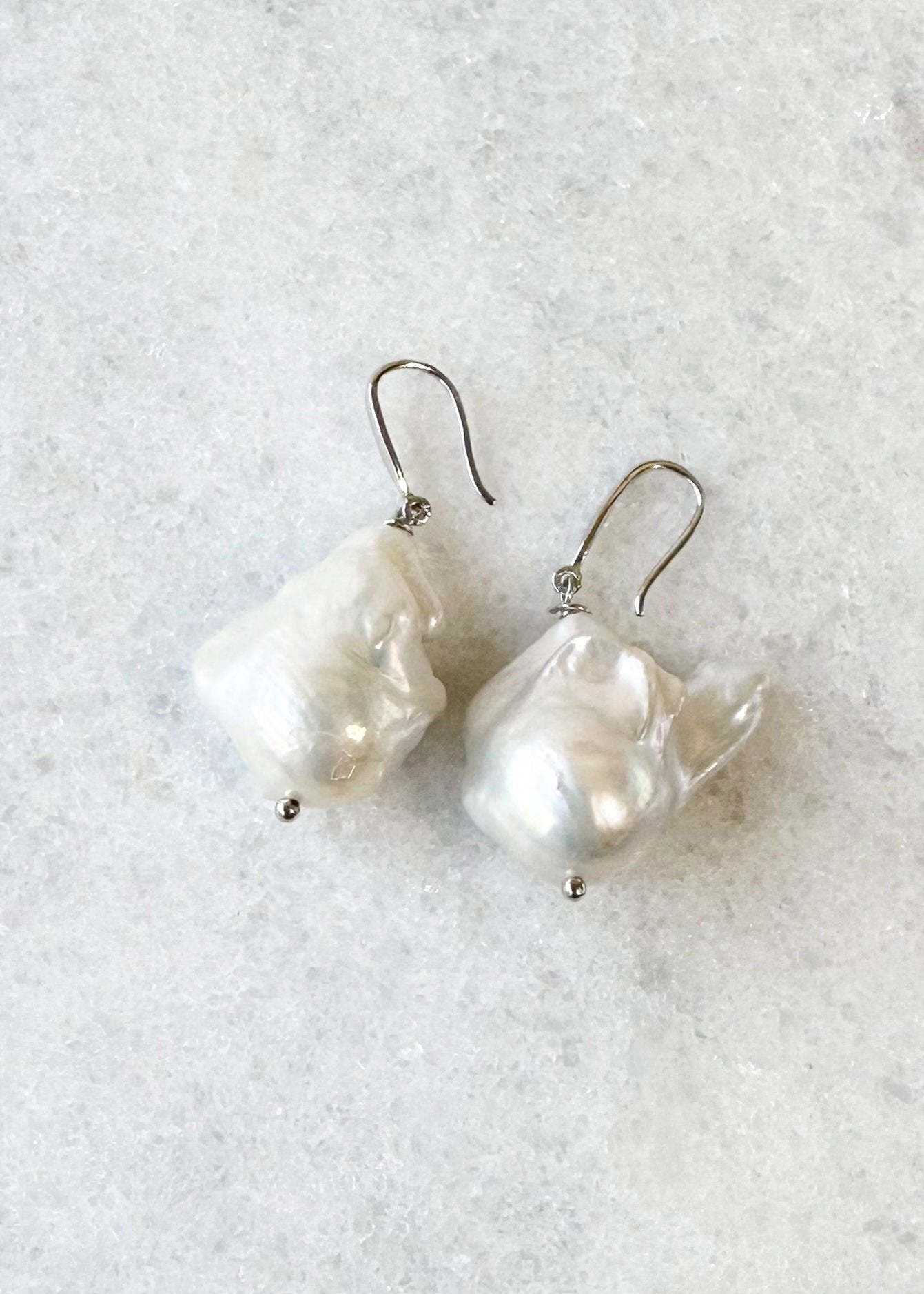 Large Baroque White Freshwater Pearl Earrings on White Gold-Plated Wire. Stunning and each on is Unique.