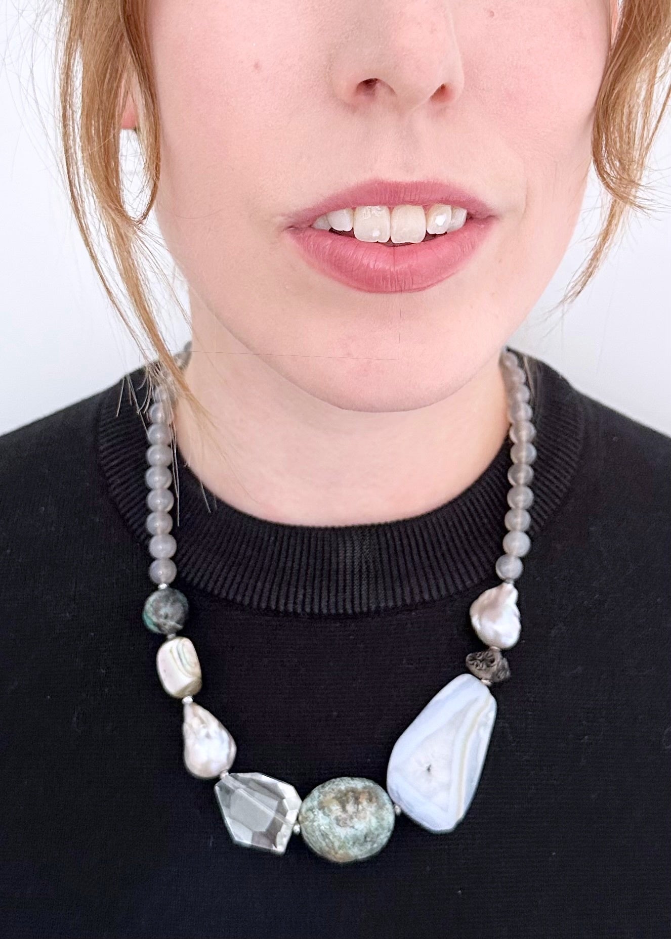 BLUE LACE AGATE, TURQUOISE & BAROQUE PEARL NECKLACE - WANTED ONE OF A KIND