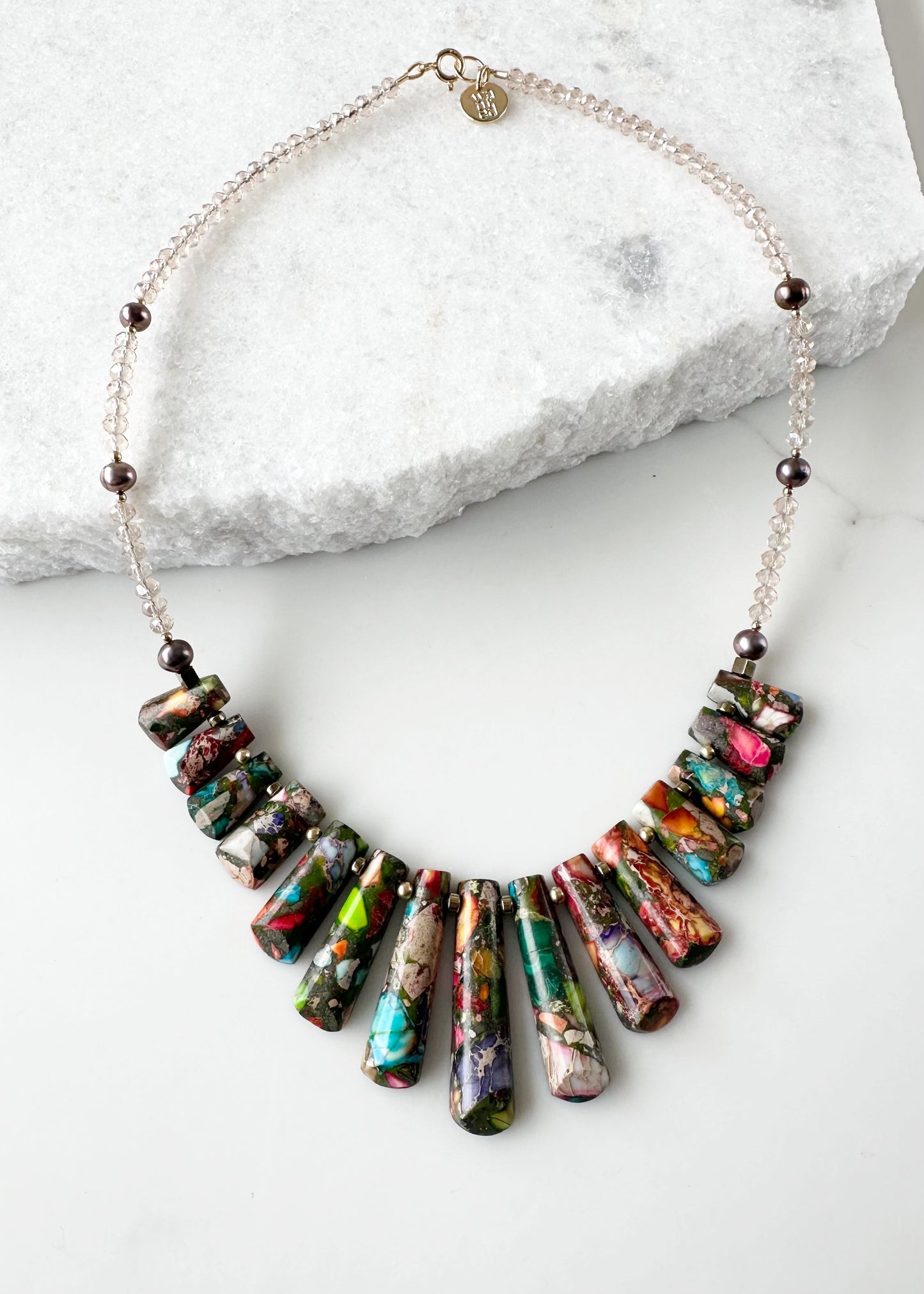 This Limited Edition 18” Necklace Boasts Vibrant Impression Jasper, Beautiful Freshwater Pearls, Crystal, Plated Hematite and Gold-Filled Beads completed with a Gold-Filled Spring Ring Clasp.
