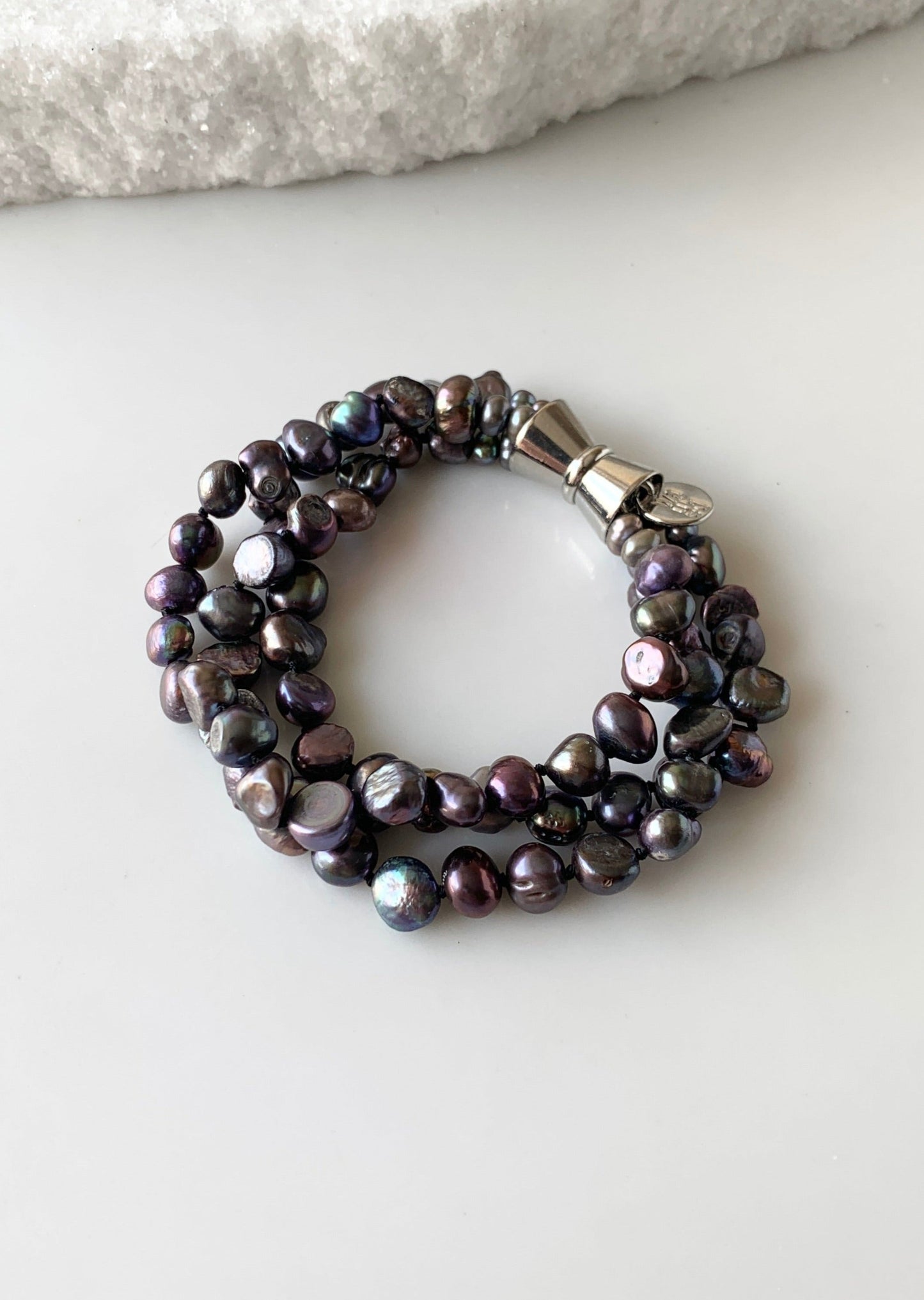Black Baroque 8-9mm Freshwater Knotted Pearls on 8” Long 3-Strand Bracelet with Magnetic Clasp for Easy Wear.