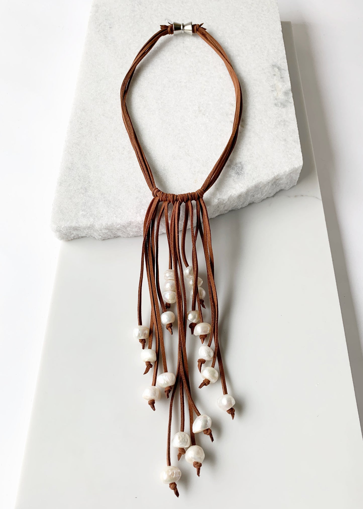 Large Baroque White Freshwater Pearls on Various-Length Strands with Brown Vegan Suede and Leather Necklace Completed with a Strong Secure Magnetic Clasp for Easy Wear.