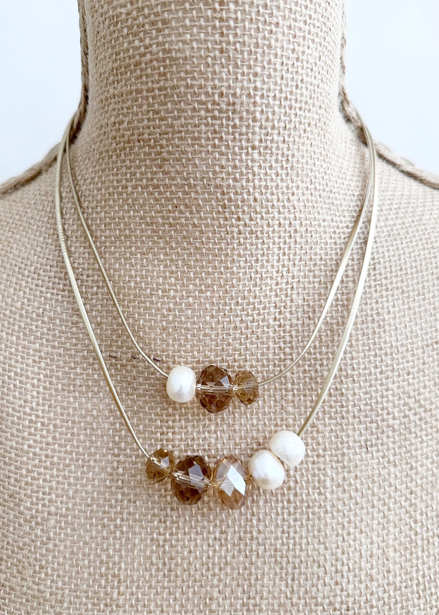 Large Baroque Freshwater White Pearls and Large Gold Crystals on Two Strands of Gold Metallic Cord, Finished by a Strong Secure Magnetic Clasp for Easy Wear.