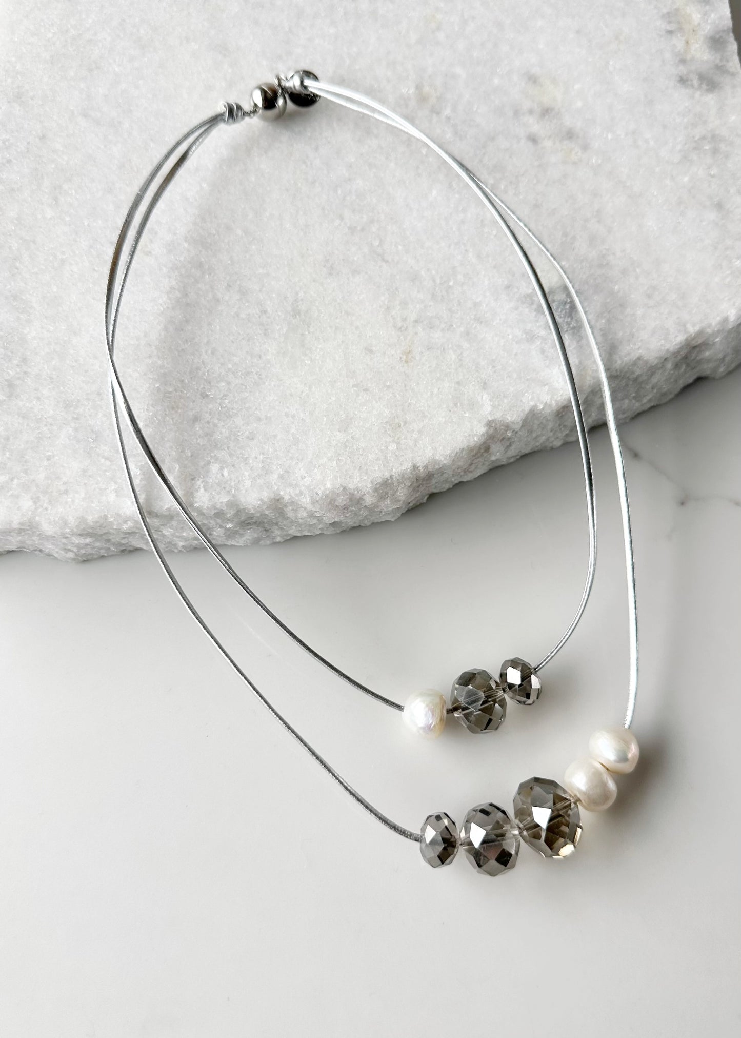 Large Baroque Freshwater White Pearls and Large Silver Crystals on Two Strands of Silver Metallic Cord, Finished by a Strong Secure Magnetic Clasp for Easy Wear.