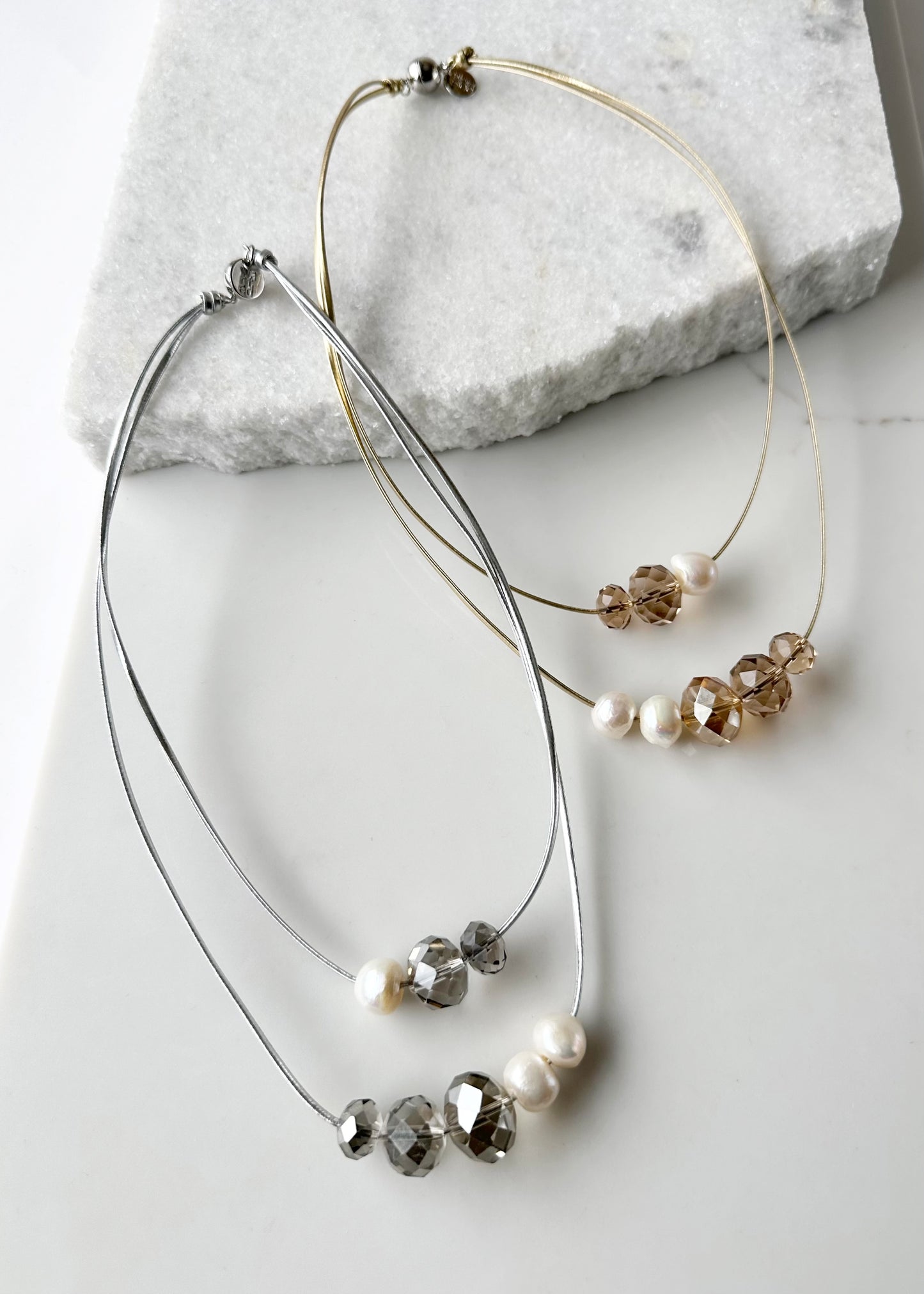 Large Baroque Freshwater White Pearls and Large Silver or Gold Crystals on Two Strands of Silver or Gold Metallic Cord, Finished by a Strong Secure Magnetic Clasp for Easy Wear. Both Shown