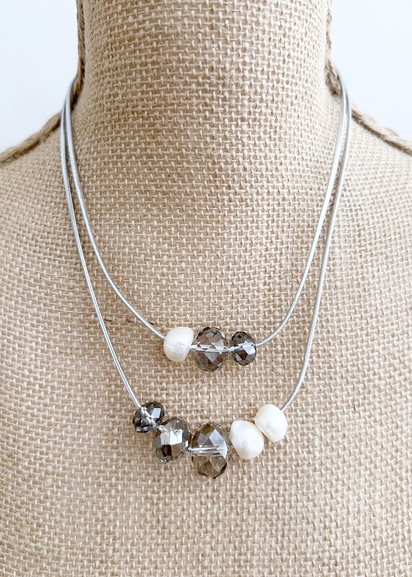 Large Baroque Freshwater White Pearls and Large Silver Crystals on Two Strands of Silver Metallic Cord, Finished by a Strong Secure Magnetic Clasp for Easy Wear.