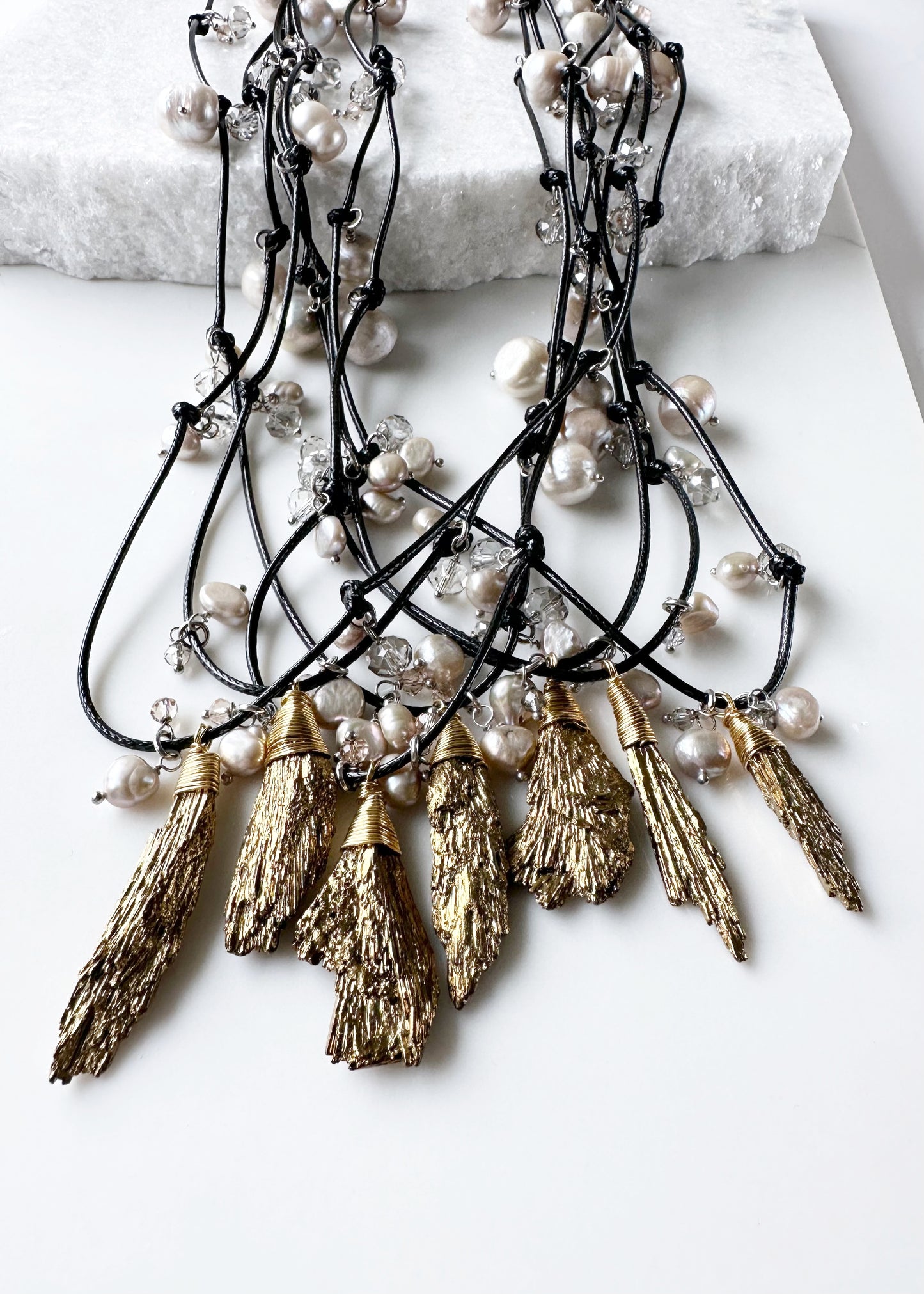 Champagne Baroque Freshwater Pearls and Faceted Crystals Dangling on Black Cotton Cord For a  Necklace with Plated Tourmaline Pendant giving a 23.6” Drop. Various shown