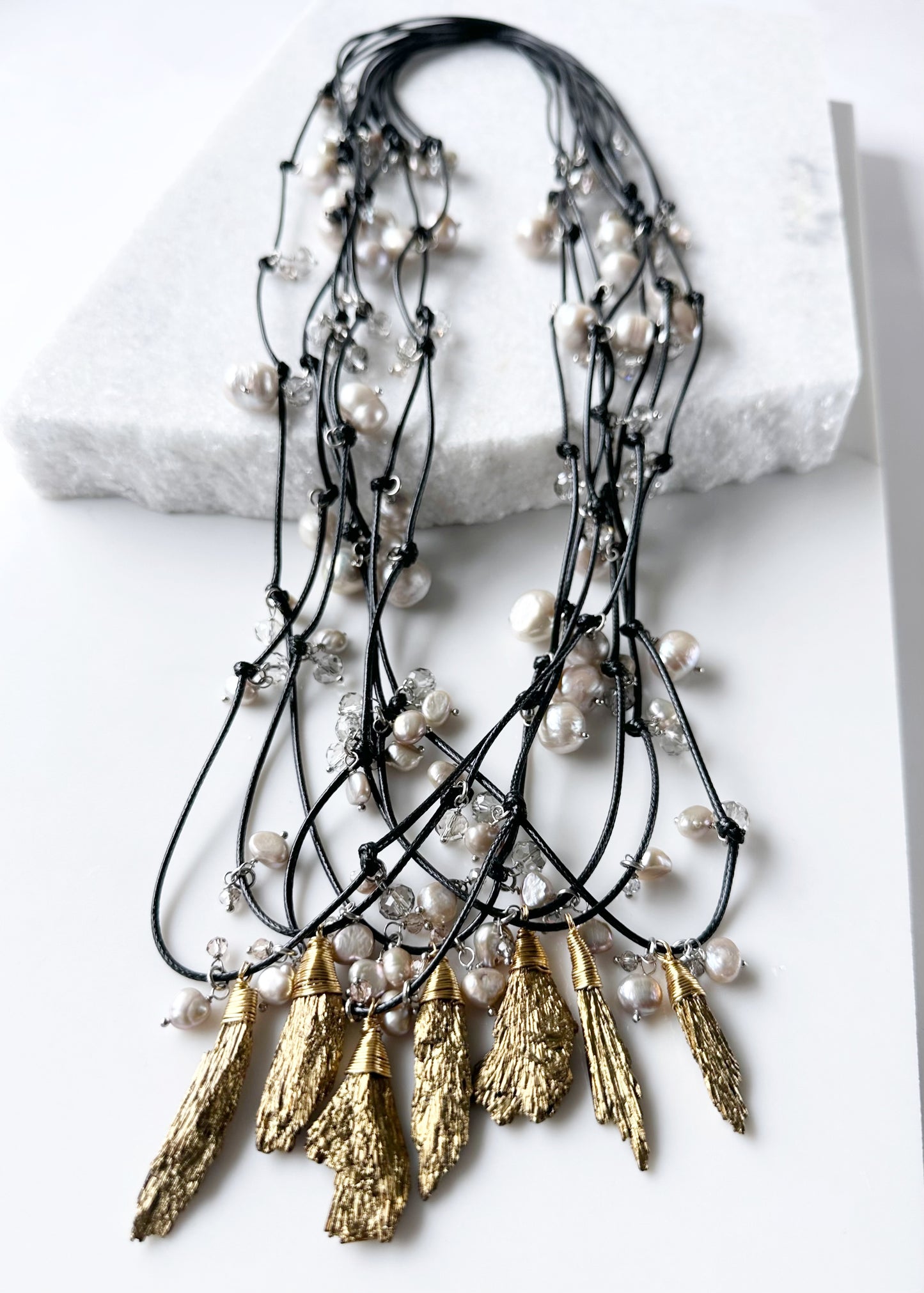 Champagne Baroque Freshwater Pearls and Faceted Crystals Dangling on Black Cotton Cord For a  Necklace with Plated Tourmaline Pendant giving a 23.6” Drop. Various Shown