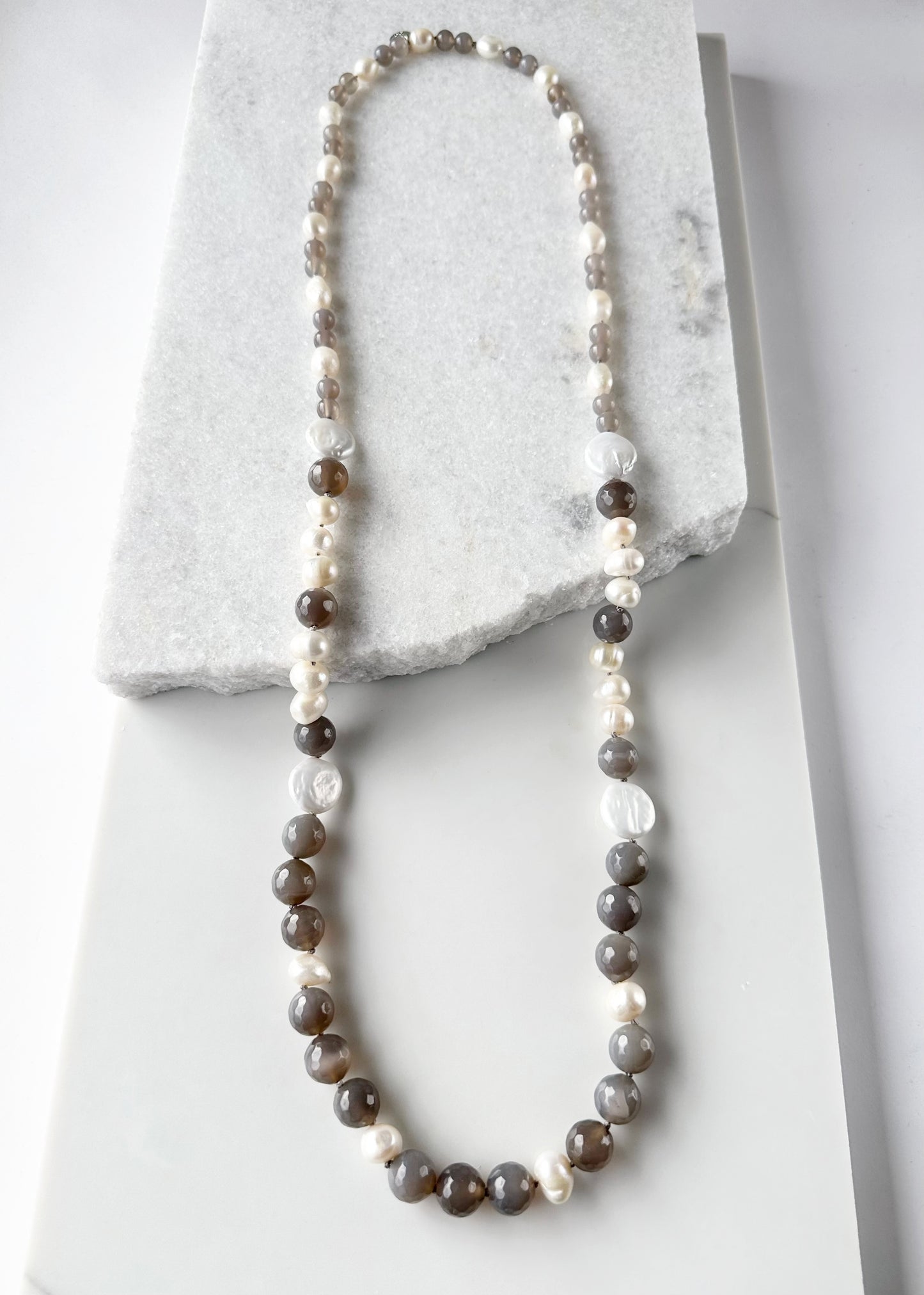 Large White Baroque and Coin Freshwater Pearls Adorn this Necklace with 8-14mm Faceted Grey Agate.