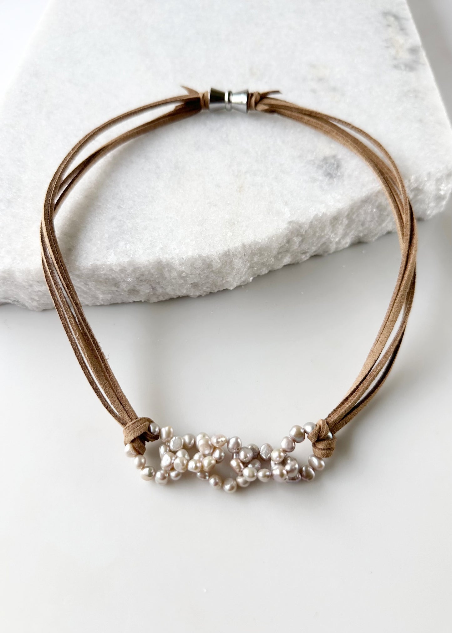 4-5mm Linked Baroque Champagne Freshwater Pearls on Vegan Suede Cord with Strong Secure Magnetic Clasp for Easy Wear.