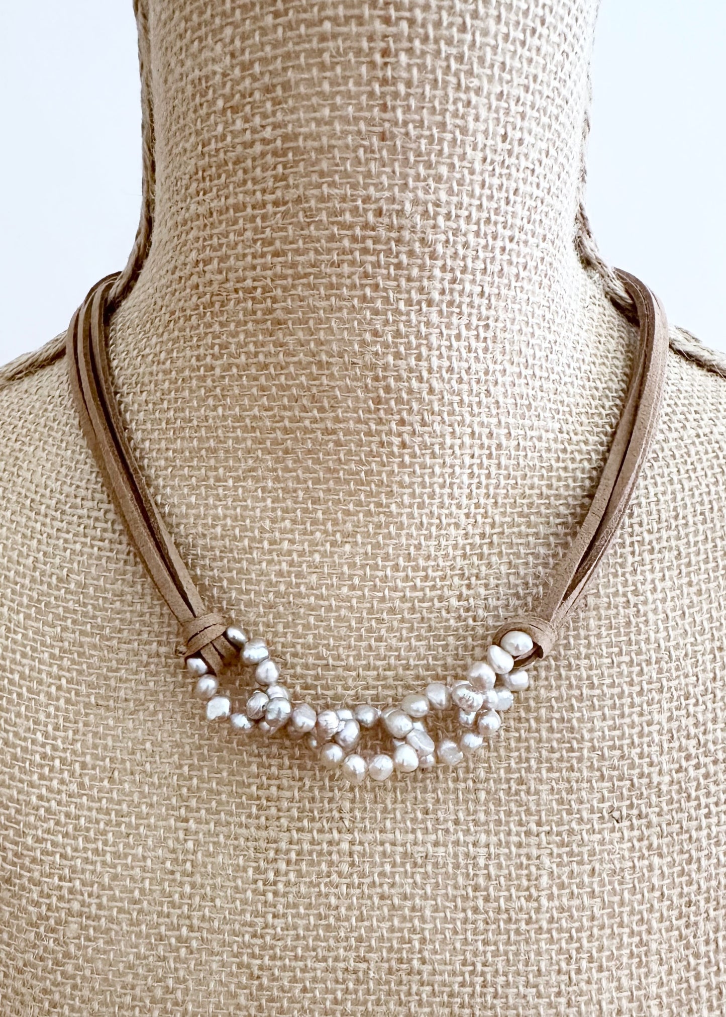 4-5mm Linked Baroque Champagne Freshwater Pearls on Vegan Suede Cord with Strong Secure Magnetic Clasp for Easy Wear. On Bust