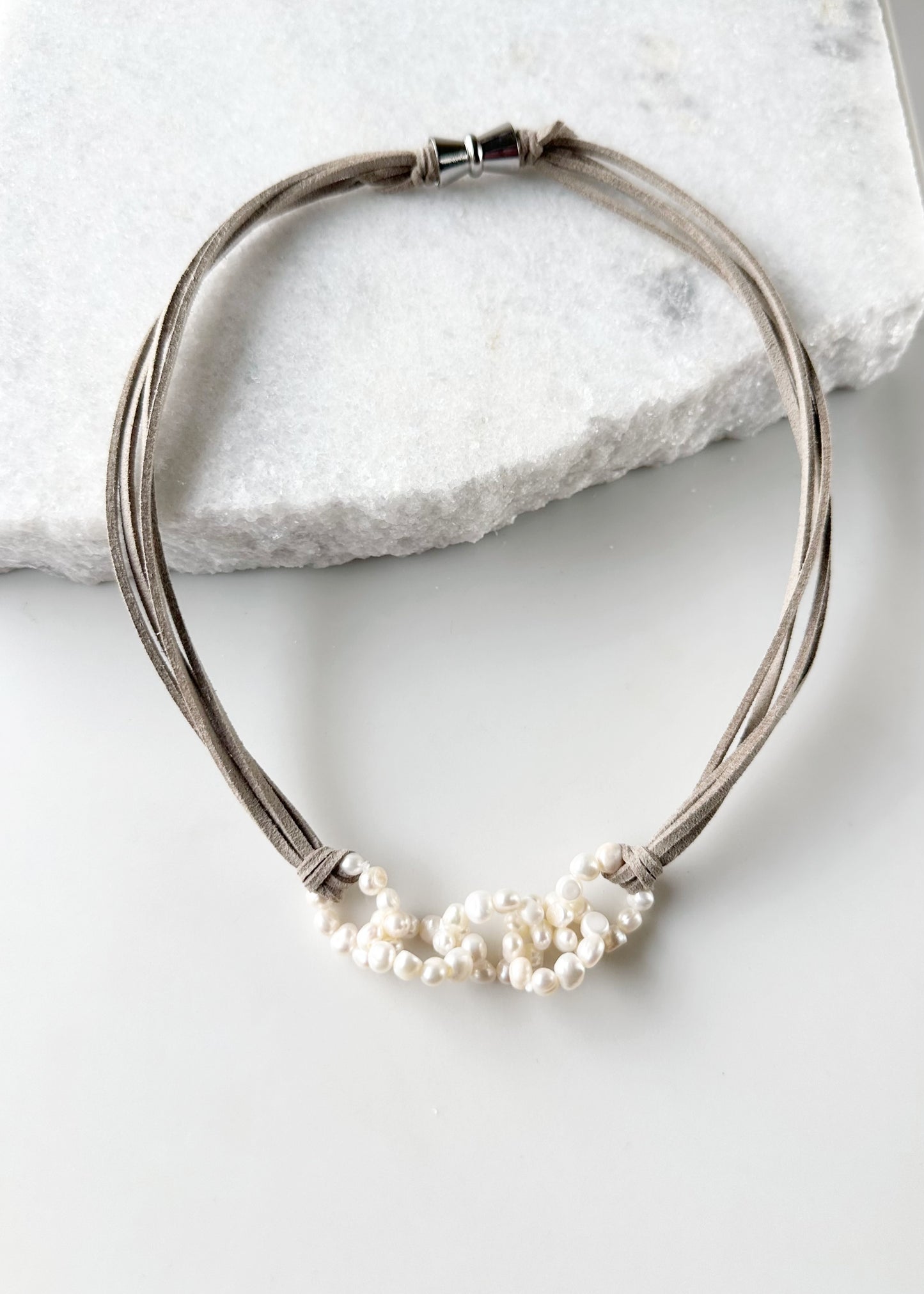 4-5mm Linked Baroque White Freshwater Pearls on Vegan Suede Cord with Strong Secure Magnetic Clasp for Easy Wear.