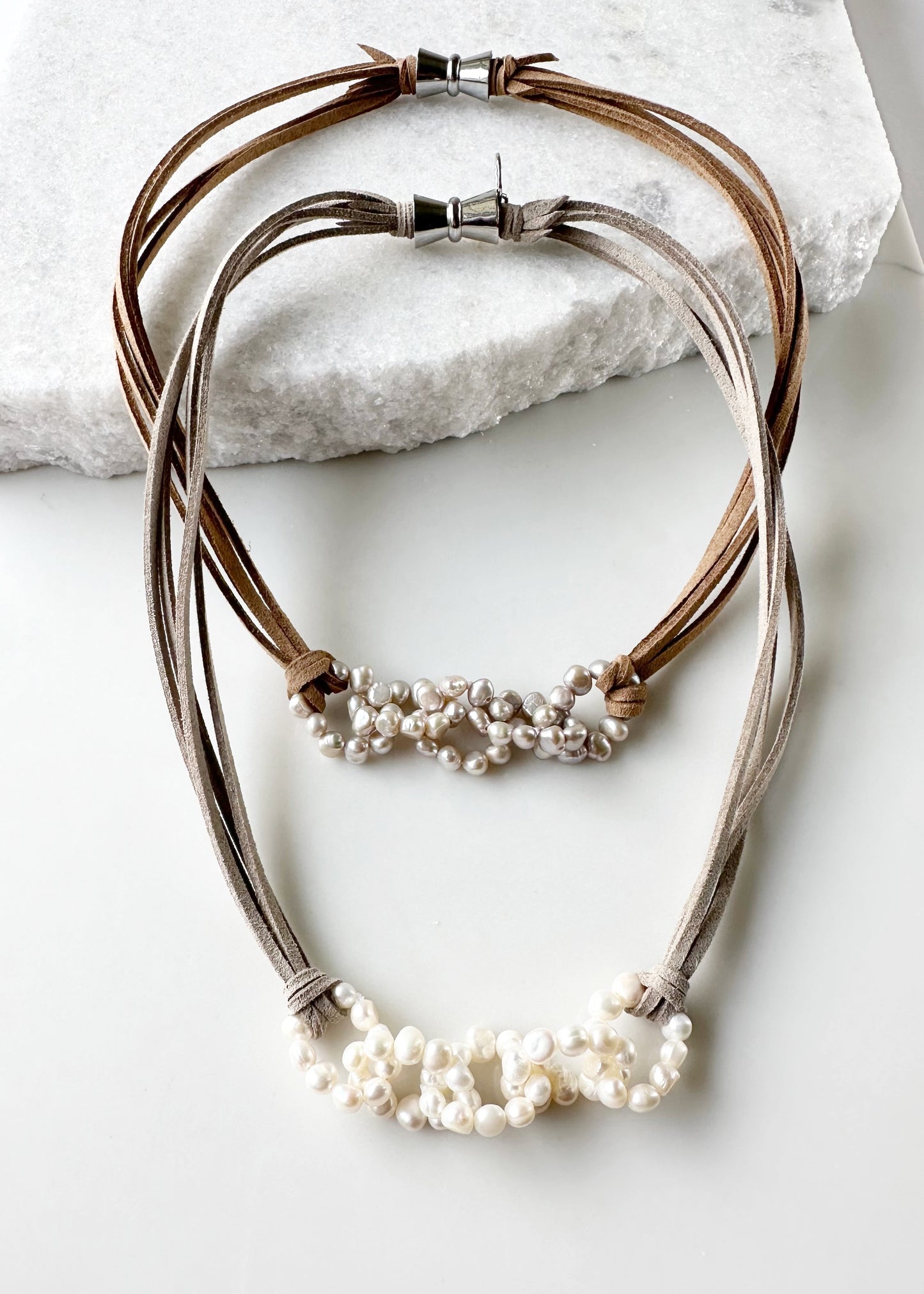 4-5mm Linked Baroque White Freshwater Pearls on Vegan Suede Cord with Strong Secure Magnetic Clasp for Easy Wear. Both Colors shown