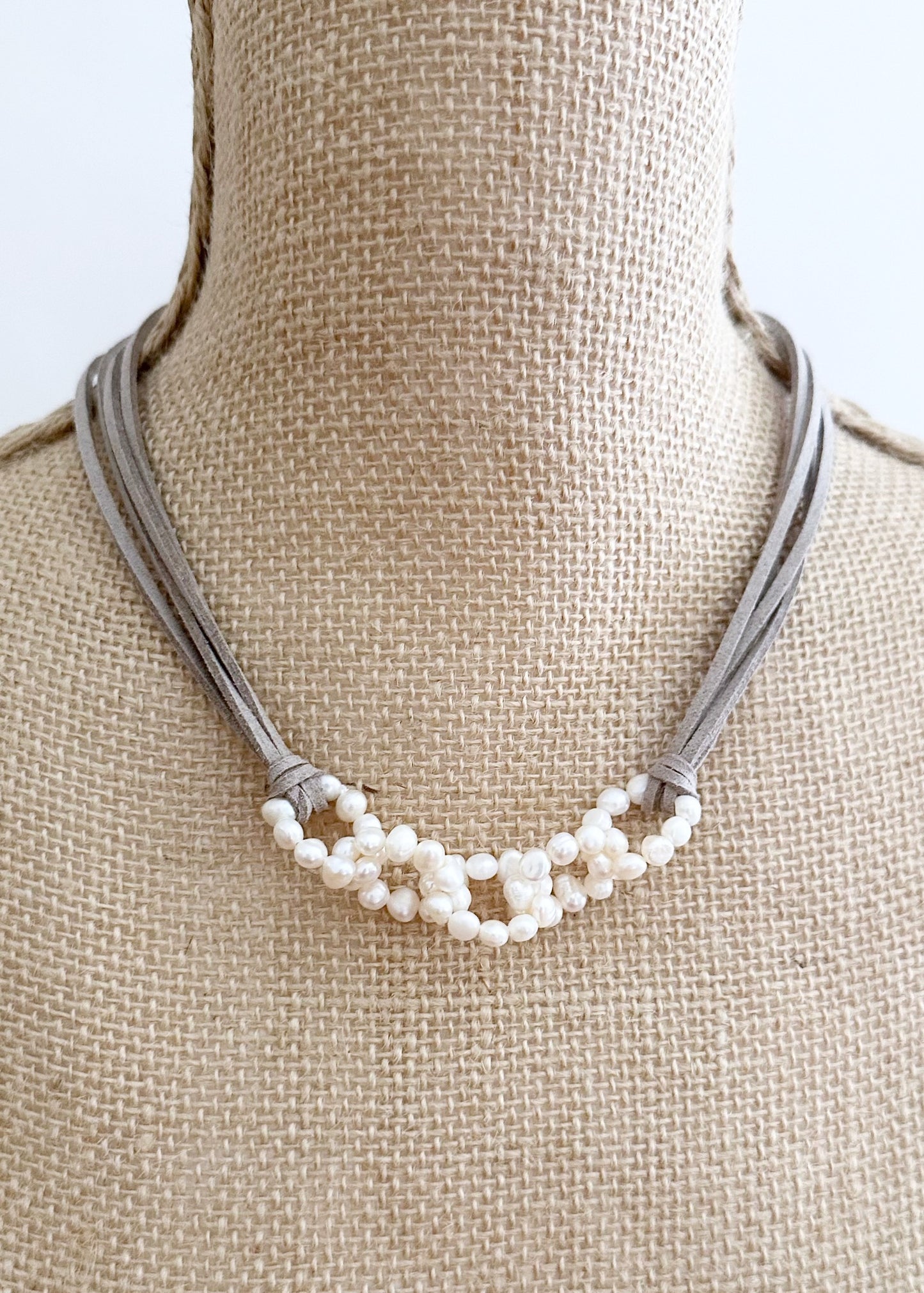 4-5mm Linked Baroque White Freshwater Pearls on Vegan Suede Cord with Strong Secure Magnetic Clasp for Easy Wear. On Bust