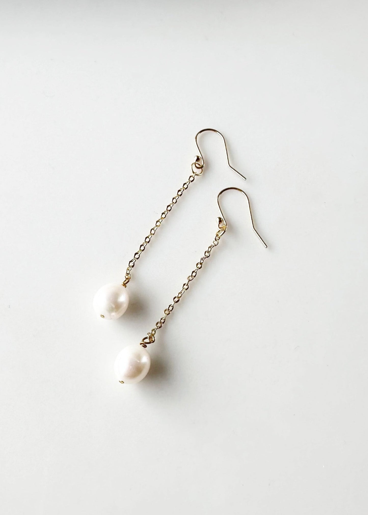 2.5” Delicate Gold-Plated Chain and Freshwater Pearl Drop Earring on Gold-Plated Hooks.