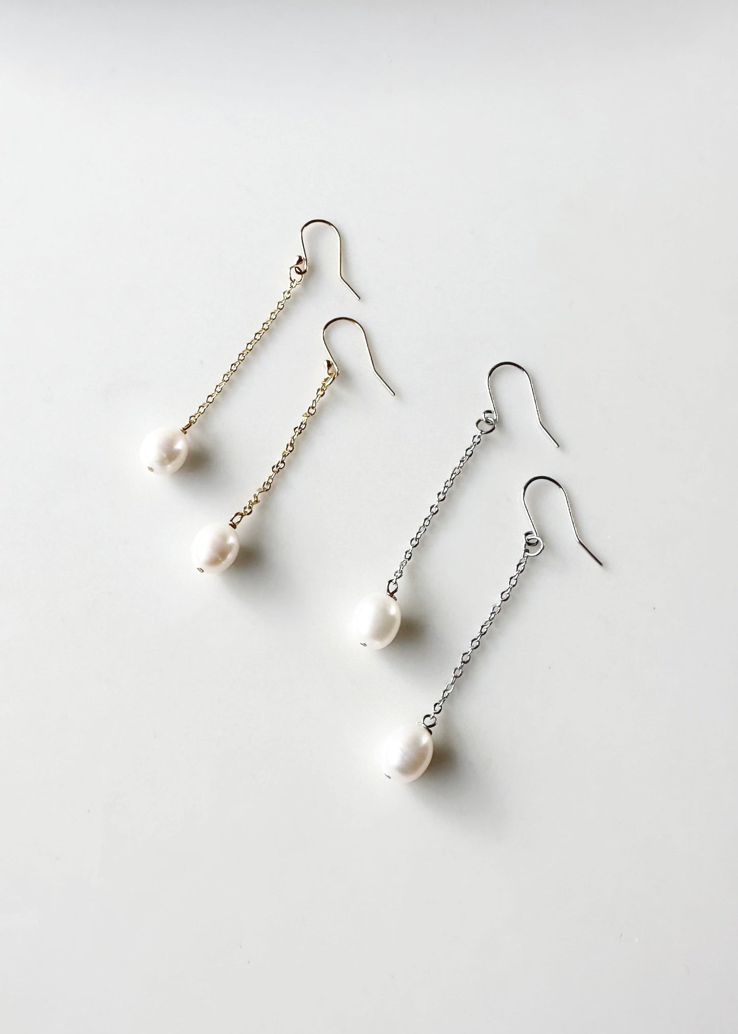 2.5” Delicate Gold-Plated Chain and Freshwater Pearl Drop Earring on Sterling Silver or Gold-Plated Hooks. Both Shown