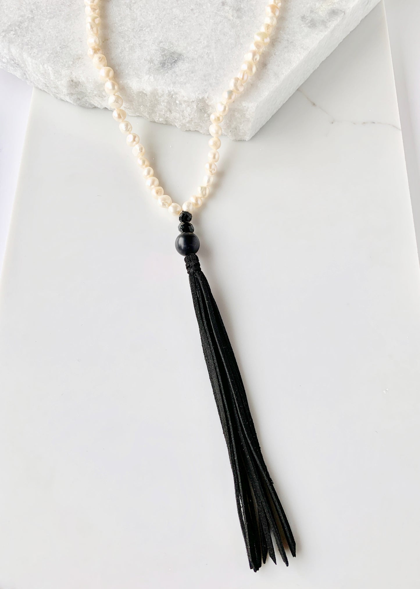 Freshwater Baroque White 8-9mm Pearls with Agate and Crystal and a Vegan Suede Tassel in Long 23” Necklace. Great on its own or Layered. Focus on Tassel